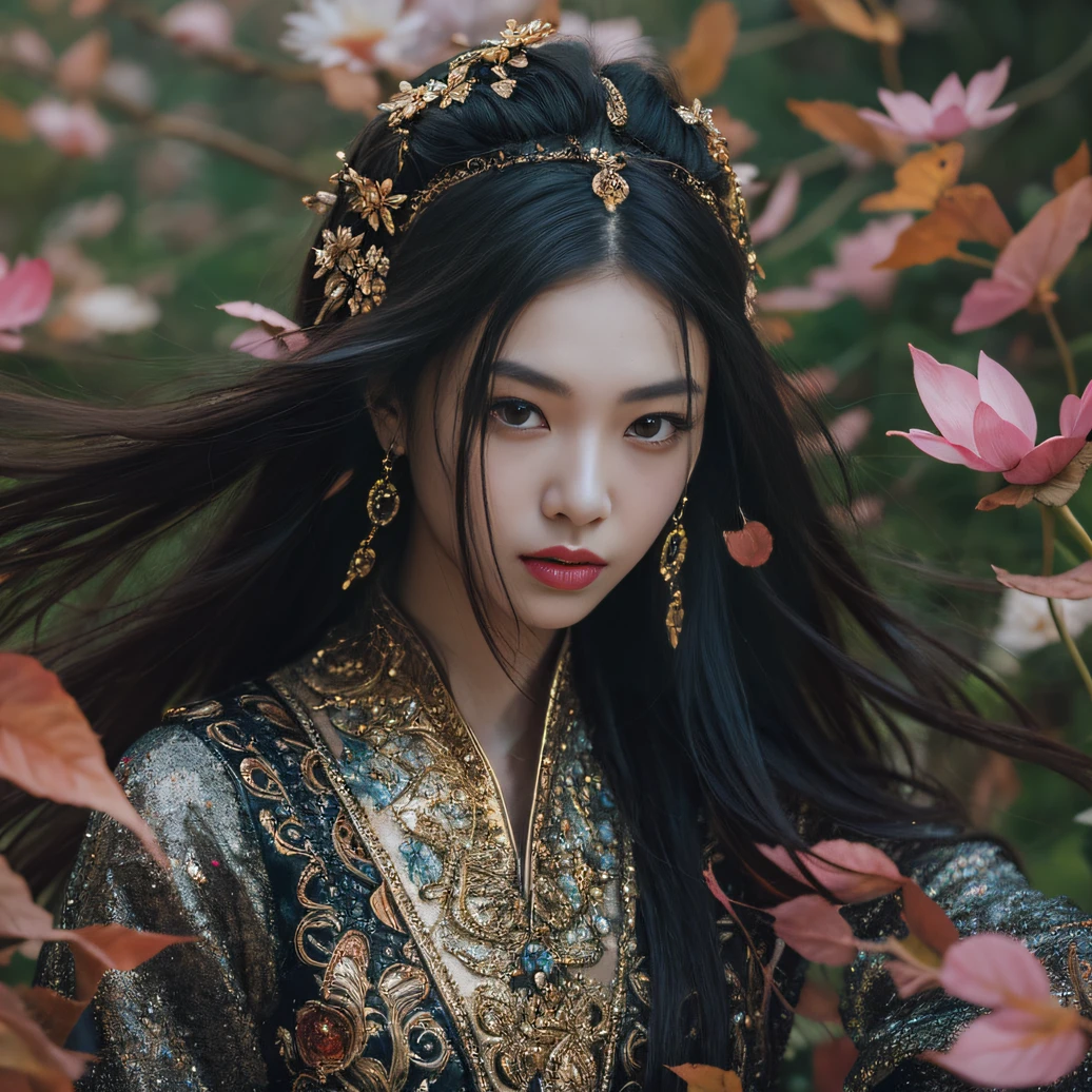 Gold tailgate 32K（tmasterpiece，k hd，hyper HD，32K）Long flowing black hair，ponds，zydink， a color， Tailfire （Concubine girl）， （Purple silk scarf）， Combat posture， looking at the ground， long whitr hair， Floating hair， Carp pattern headdress， Chinese long-sleeved clothing， （Abstract gouache splash：1.2）， Pink petal background，Pink and white lotus flowers fly（realisticlying：1.4），Black color hair，Fallen leaves flutter，The background is pure， A high resolution， the detail， RAW photogr， Sharp Re， Nikon D850 Film Stock Photo by Jefferies Lee 4 Kodak Portra 400 Camera F1.6 shots, Rich colors, ultra-realistic vivid textures, Dramatic lighting, Unreal Engine Art Station Trend, cinestir 800，Long flowing black hair，Linen skirt