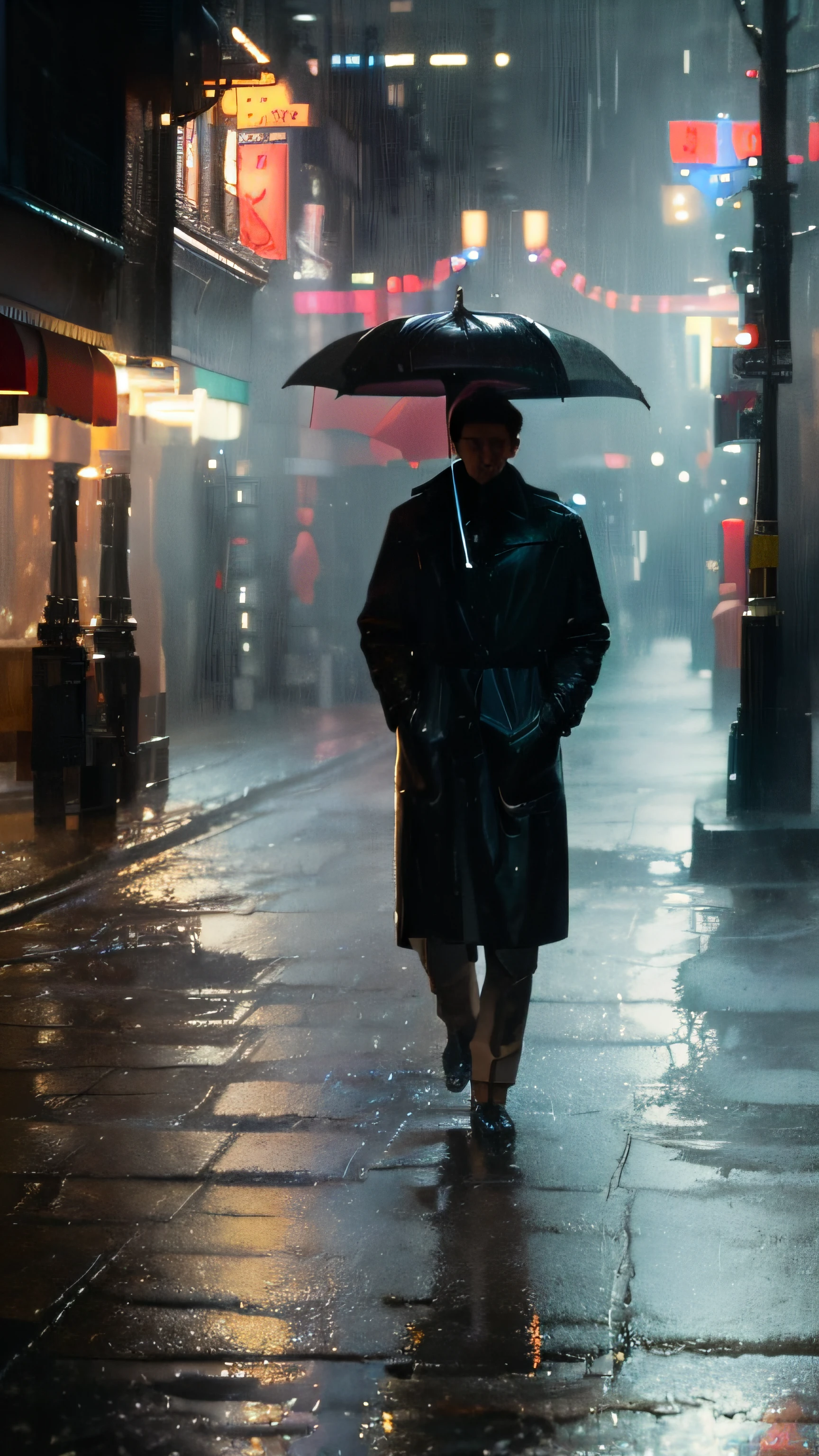 (best quality,4k,8k,highres,masterpiece:1.2), ultra-detailed, (realistic,photorealistic,photo-realistic:1.37), dark city alley, lonely man, fashionable, pouring rain, immersive atmosphere, wet pavement, simple lighting, reflection, urban landscape, nighttime, high-resolution camera, black box under a light.