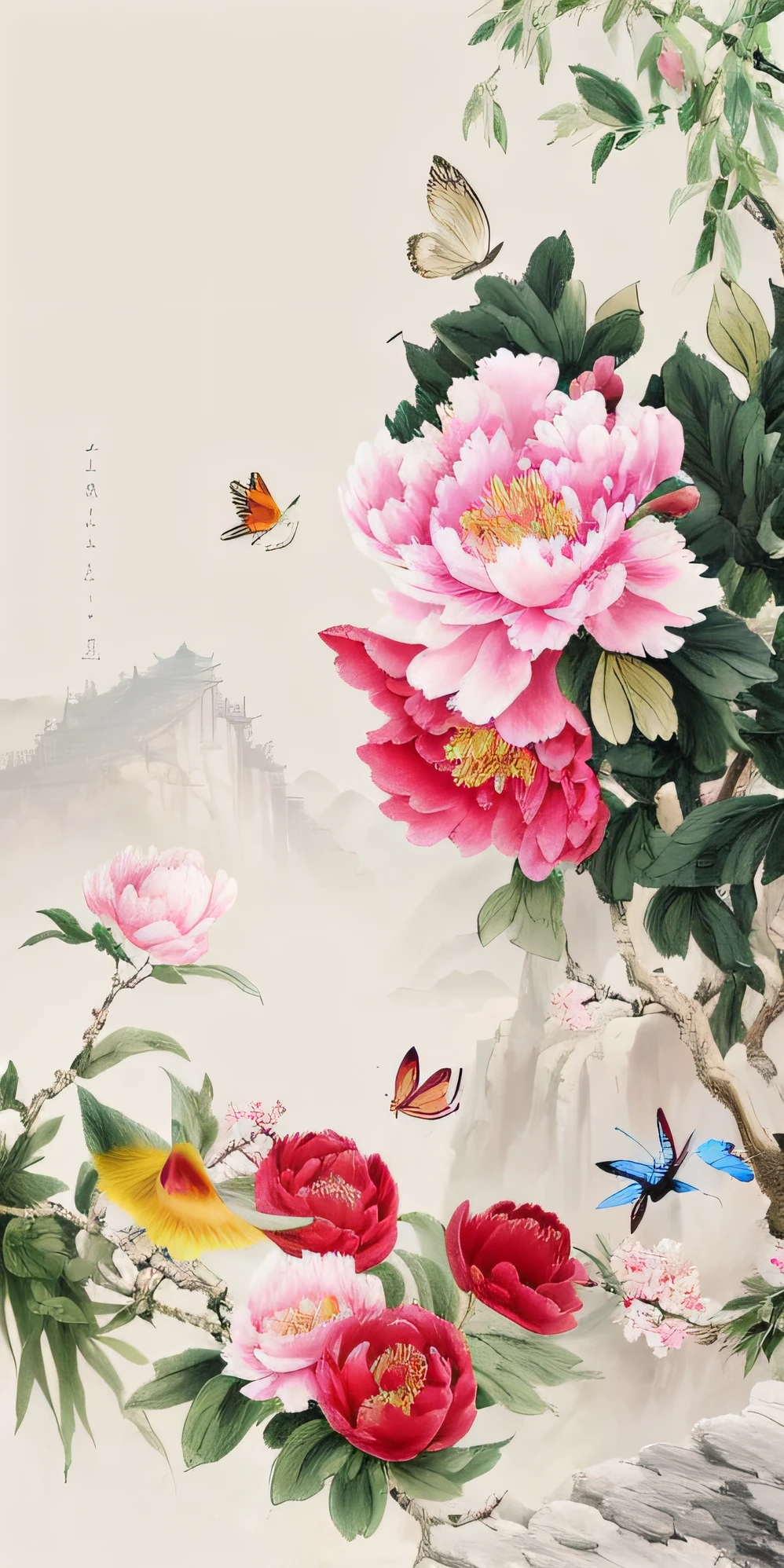 Chinese painting peony Peony blooms on branches Two butterflies flying in the distance Birds chirping on tree girls