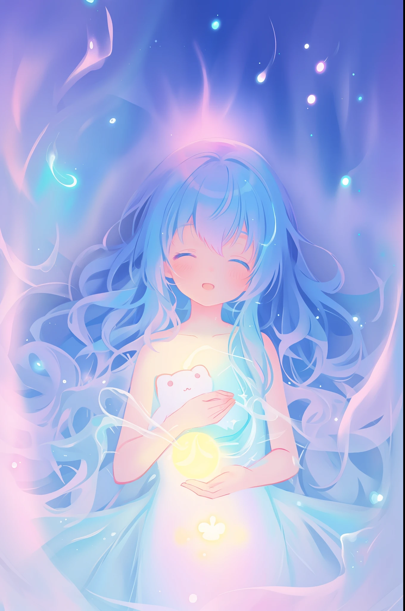 beautiful anime girl, inspired by Glen Keane, inspired by Lois van Baarle, (disney art style), by Lois van Baarle, glowing aura around her, by Glen Keane, jen bartel, glowing lights! digital painting, flowing glowing hair, glowing flowing hair, beautiful digital illustration, magical, whimsical, fantasia background, liquid ballgown, liquid hair, colorful