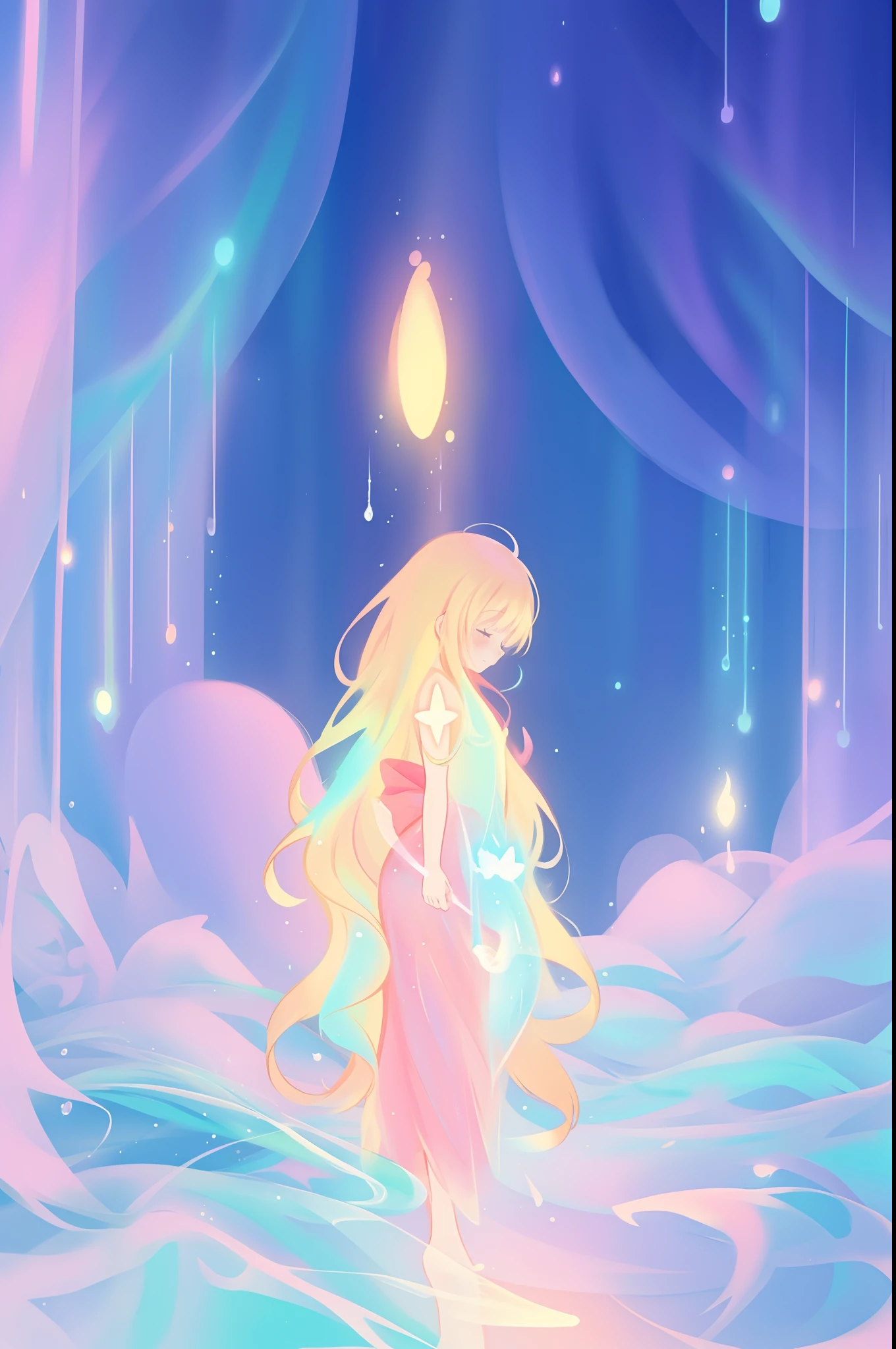beautiful anime girl, inspired by Glen Keane, inspired by Lois van Baarle, (disney art style), by Lois van Baarle, glowing aura around her, by Glen Keane, jen bartel, glowing lights! digital painting, flowing glowing hair, glowing flowing hair, beautiful digital illustration, magical, whimsical, fantasia background, liquid ballgown, liquid hair, colorful