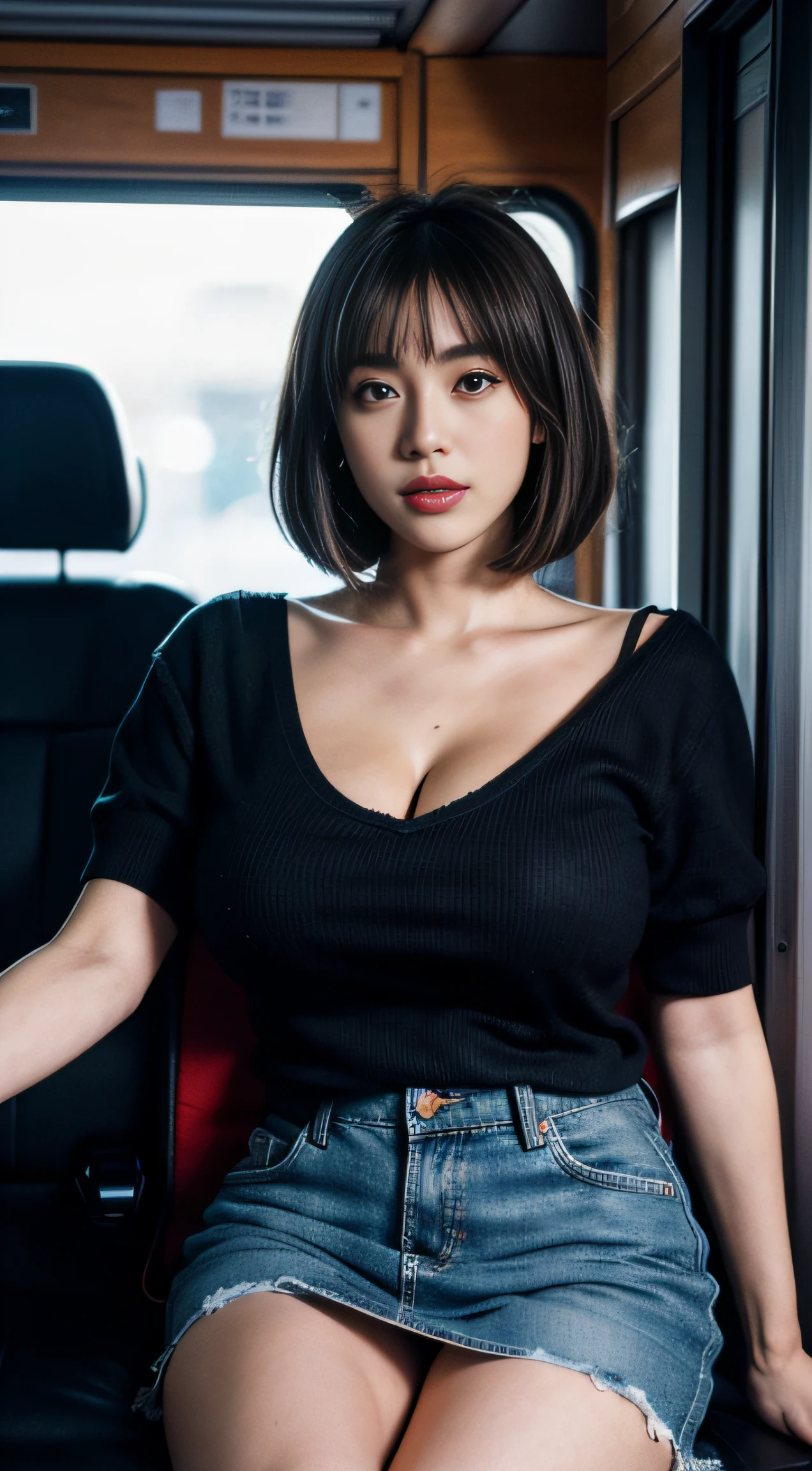1 beautiful woman, 40 years old, Brunette Bob Cut Hair, hyperdetailed face、Detailed lips、A detailed eye、(Huge breasts:1.3), 二重まぶた, Short-sleeved blouse, ((micromini skirt)), I can see the pants、cleavage, panties on、(thighs thighs thighs thighs), Sitting on the bus、8K, masutepiece, Best Quality, ultra-detailliert, 超A high resolution, professional photograpy, Official art, Wallpaper, hyper realisitic, Photorealistic, Realistic