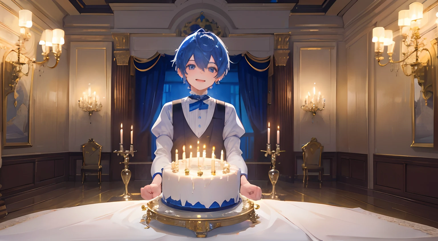A boy with a blue aura presenting a birthday cake, (best quality,4k,8k,highres,masterpiece:1.2),ultra-detailed,realistic:1.37, vibrant colors, professional, HDR, vividly painted, sharp focus, magical ambiance, glowing candles, joyful celebration, fairytale-like setting, child's anticipation, colorful decorations, smiling face, carefully designed cake, candlelight illuminating the room, happy atmosphere.