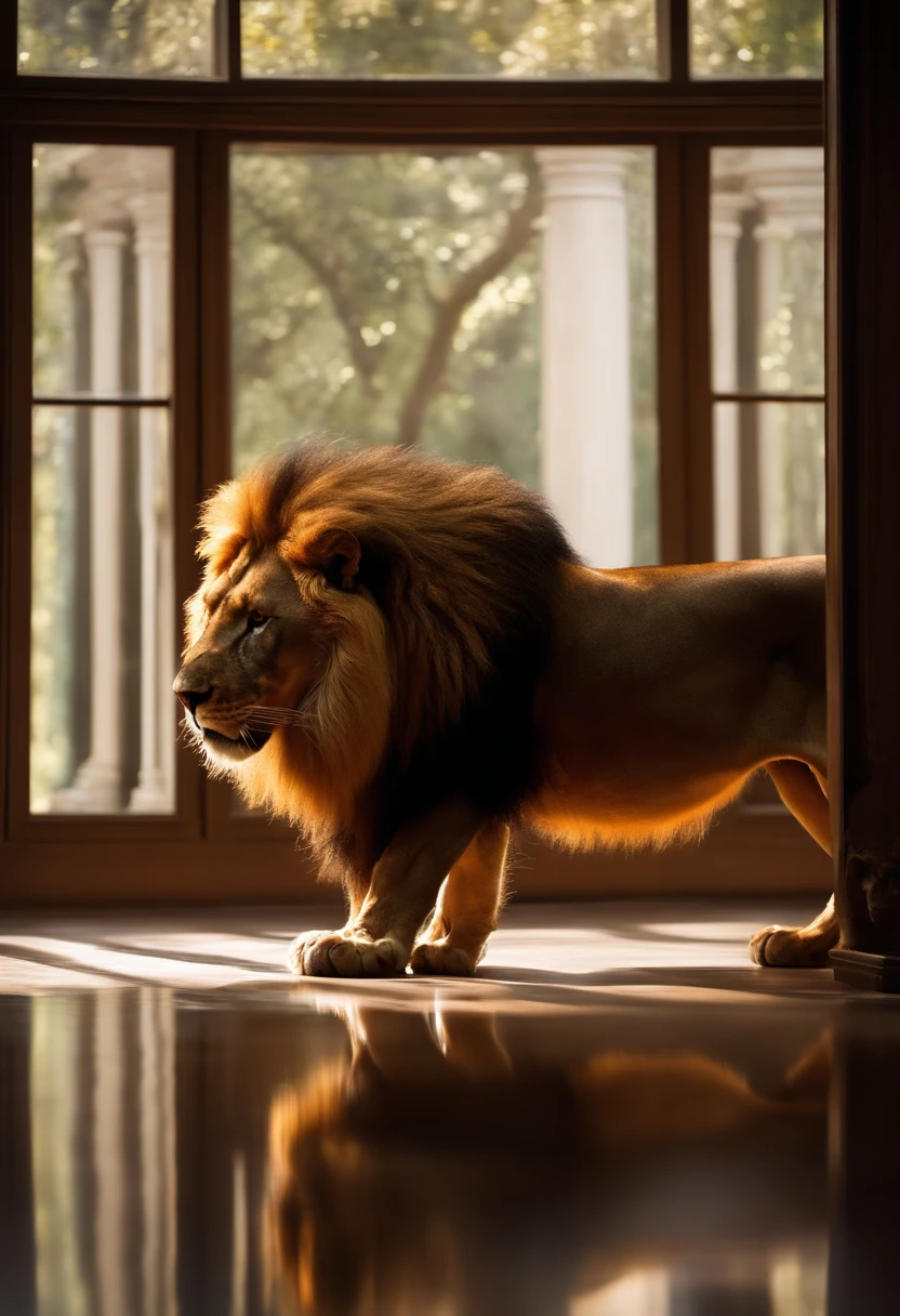 Man kneeling in front of a mirror. Reflection of a majestic lion, man reaching out to the mirror, lion, Light and shadows