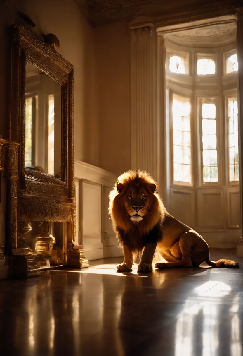 Man kneeling in front of a mirror. Reflection of a majestic lion, man reaching out to the mirror, lion, Light and shadows