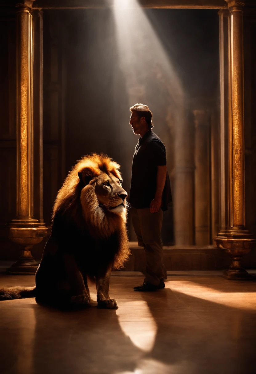 Man kneeling in front of a mirror. Reflection of a majestic lion, man reaching out to the mirror, lion, Light and shadows