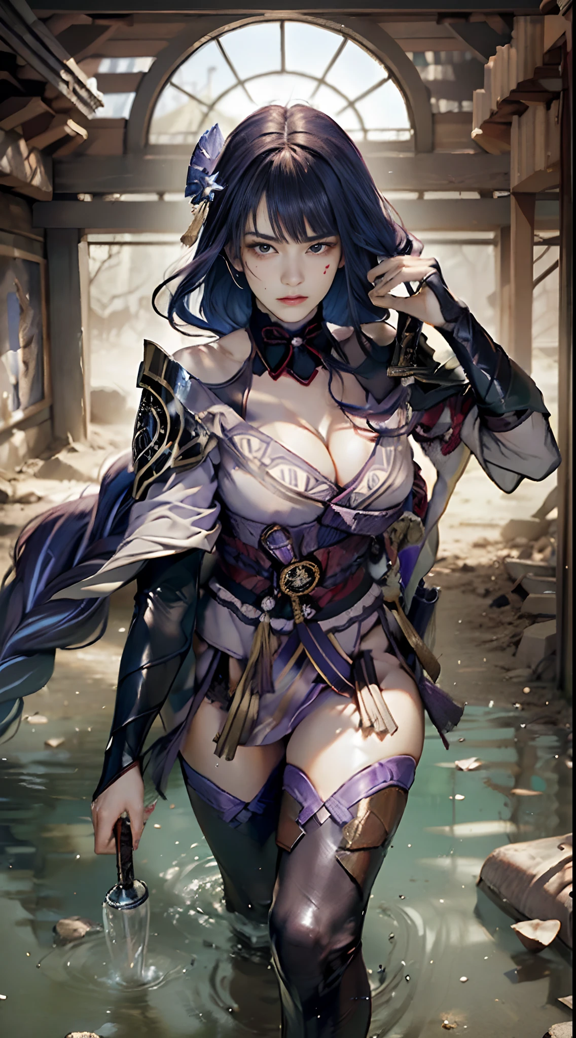 8k wallpaper,ultra - detailed,rich details,ultraclear,8K,,Best quality at best,best qualtiy,mistic,1 female warrior,Black armor,Ancient japanese general armor,(((Sword in hand))),facing to audience,(((A withered battlefield,废墟,run-down,Wasteland,barren,A desert))),Sadness outside,battlefiled,ancient battle field,,((the night,Dimly lit,Dark 1.3)),Bust composition
