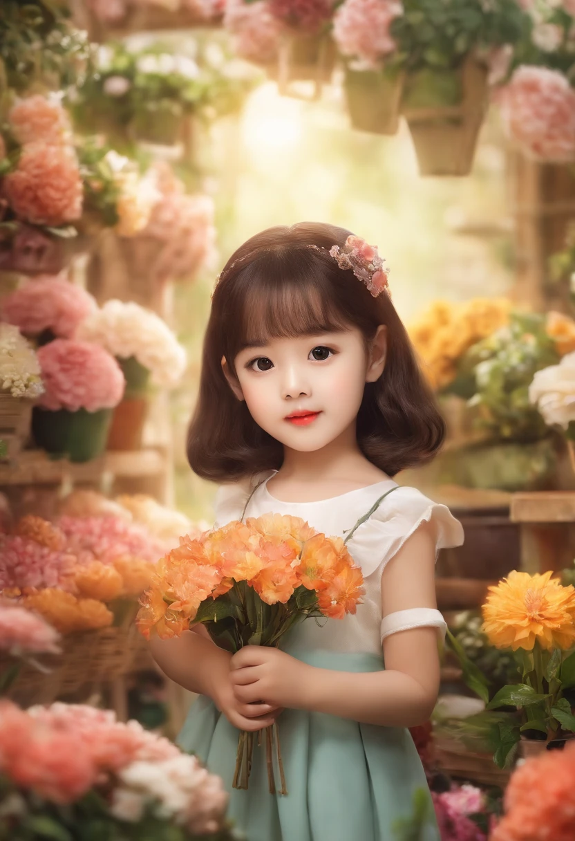 In the flower shop,Jing language,Little tangyuan big eyes girl in skirt(Close-up 1:1),largeeyes,brunette,Japanese littleHolding a flower in hand,Floating in the sky,brightly,cheerfulness,intriguing,gentlesoftlighting