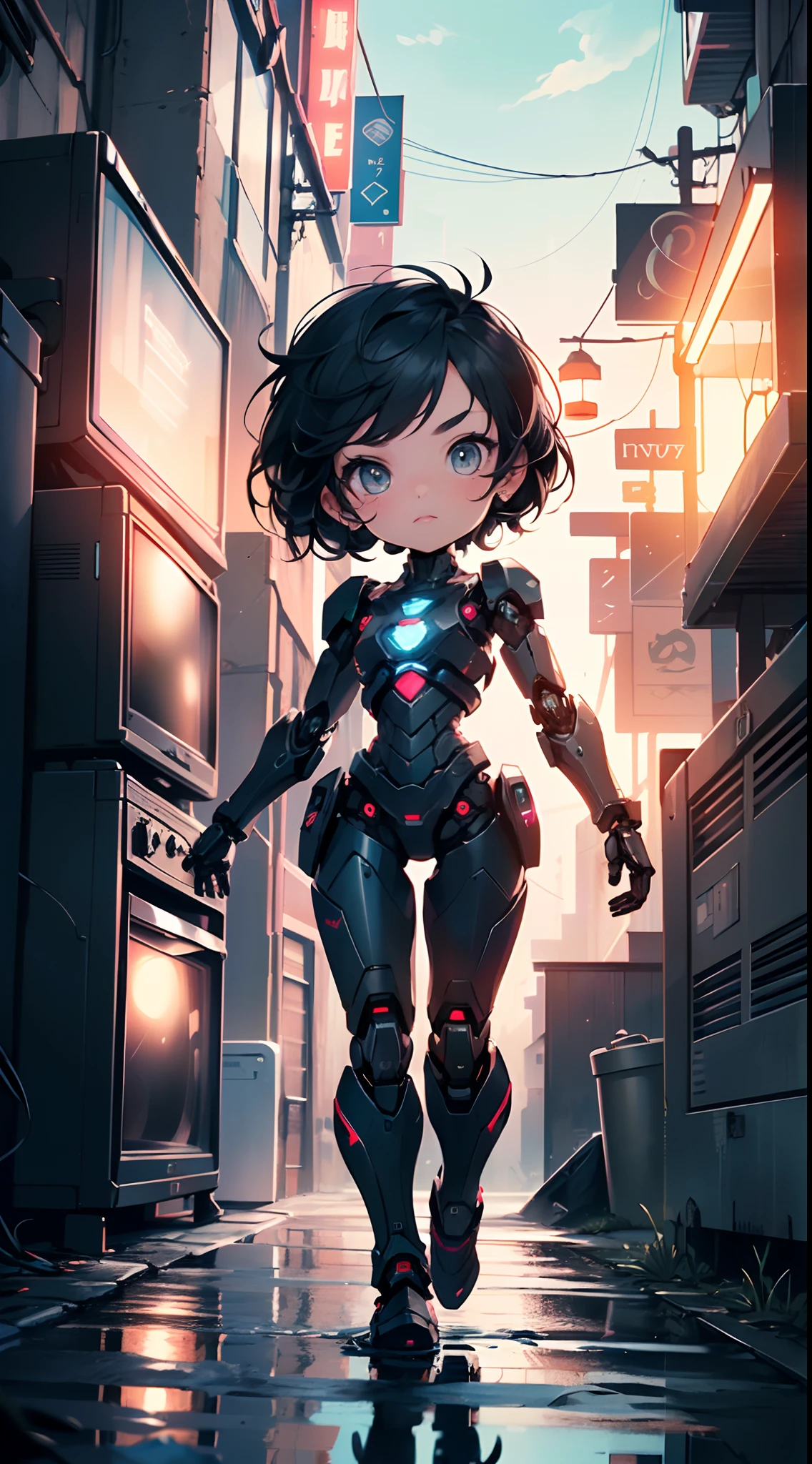 (((TV robot with mechanical arms and legs))),

(((tiny little robot chibi))) with ((((TV head)))). He has (((shaped like a cube with mechanical arms and legs))),and a (((screen on his face))) that displays emoticons and coded messages,Strange head, black tv head,detailed TV head,intricate robot,

(((Object_head,televison_head))),

(dynamic pose:1.0),solo focus,(centered,scale to fit dimensions,Rule of thirds),

cyberpunk city by the ocean at night, with bright neon signs and dark stormy clouds and puddles, scenery:1.25,

artistic photography,(photography taken by sldr),highres, sharp focus, (ultra detailed, extremely detailed), (photorealistic artwork:1.37),(extremely detailed CG unity 8k wallpaper),((synthwave background theme)),(((vibrant colors))),(intricate background),(masterpiece),(best quality)