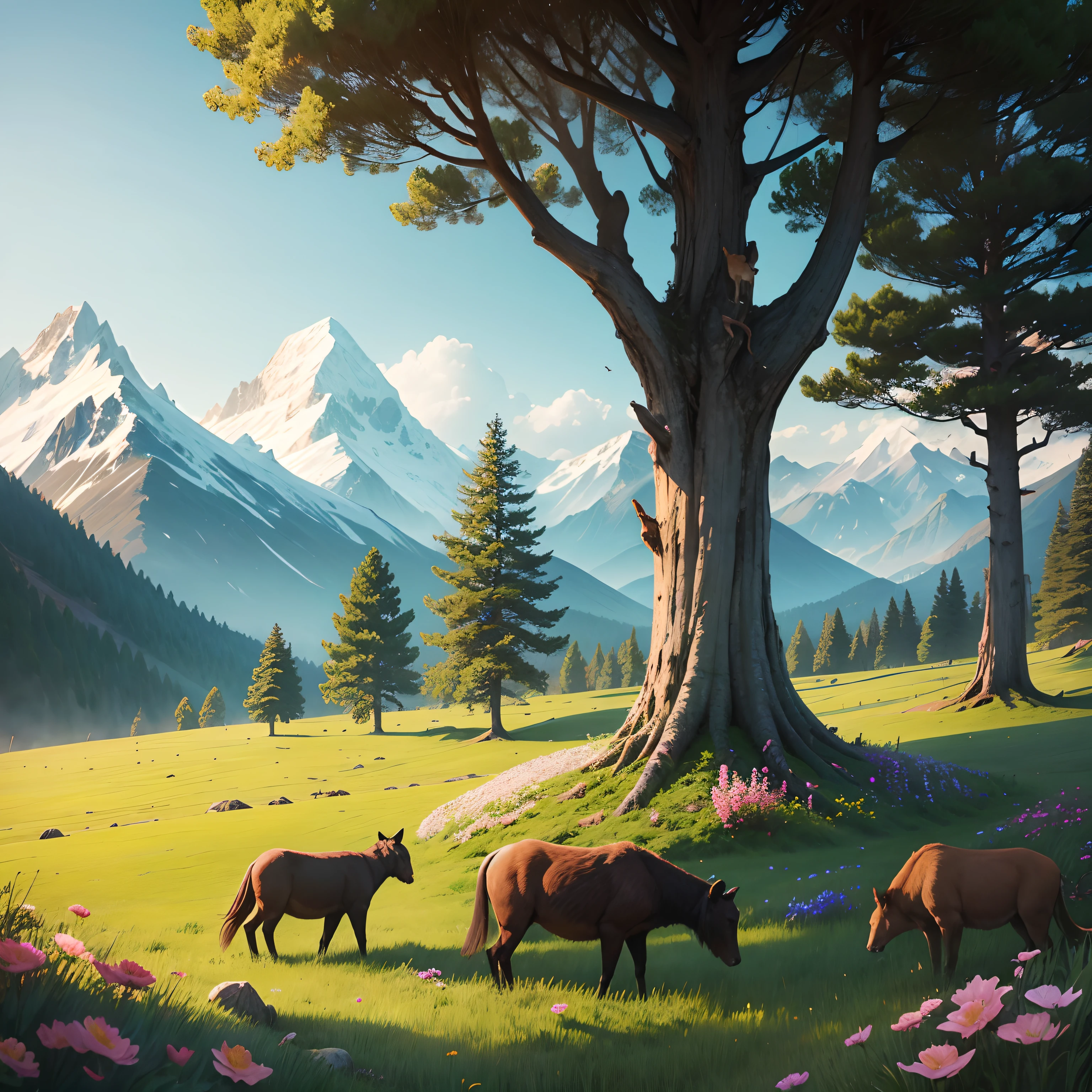 Long tree forest and mountain contains flowers and animals in grass