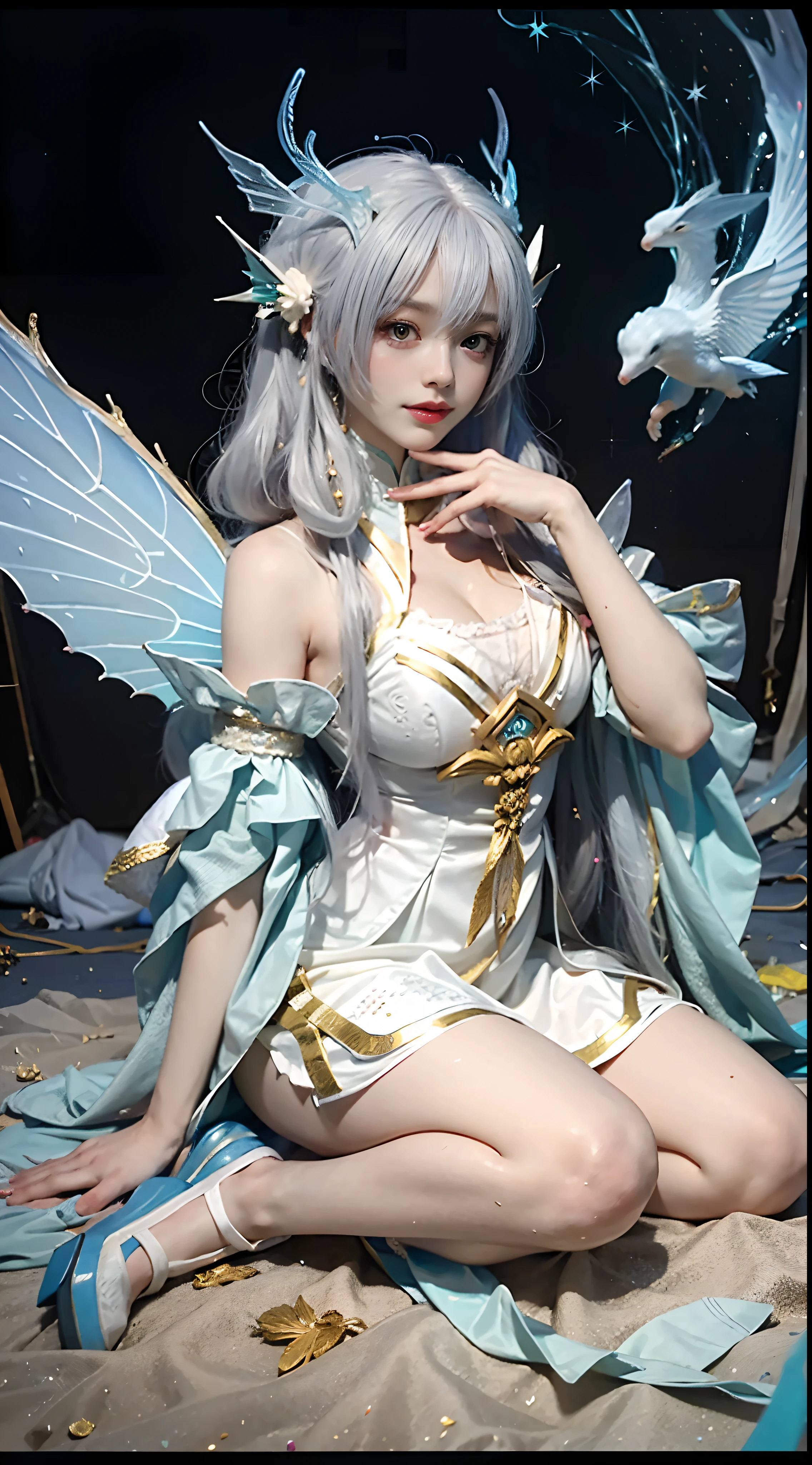 Close-up of women in costumes on stage, full body fairy, beautiful celestial mage, amazing young ethereal characters, beautiful fantasy queen, astral witch costume, sand stream, flowing magic robe, white Hanfu, fairy fantasy, beauty Delfin, ethereal fantasy, elegant and charming cosplay, Hirase Jinyao, lying on the bed, charming, very funny, a sports car, night punk oriental architecture! Lots of neon