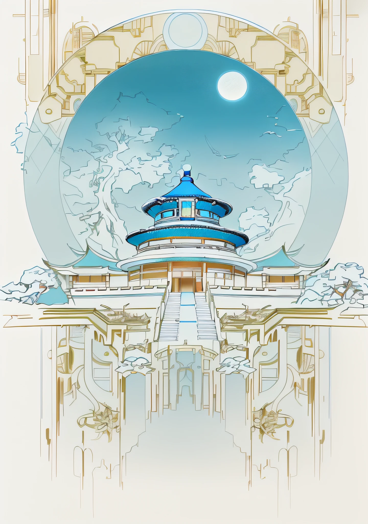 Ultra high quality，Blue and white porcelain color matching，In the daytime，temple of heaven，lichen，Super rich detail，Big tree behind it，Super rich detail，The middle is colored，Color the circles，Leave the bottom blank，Twenty percent blank