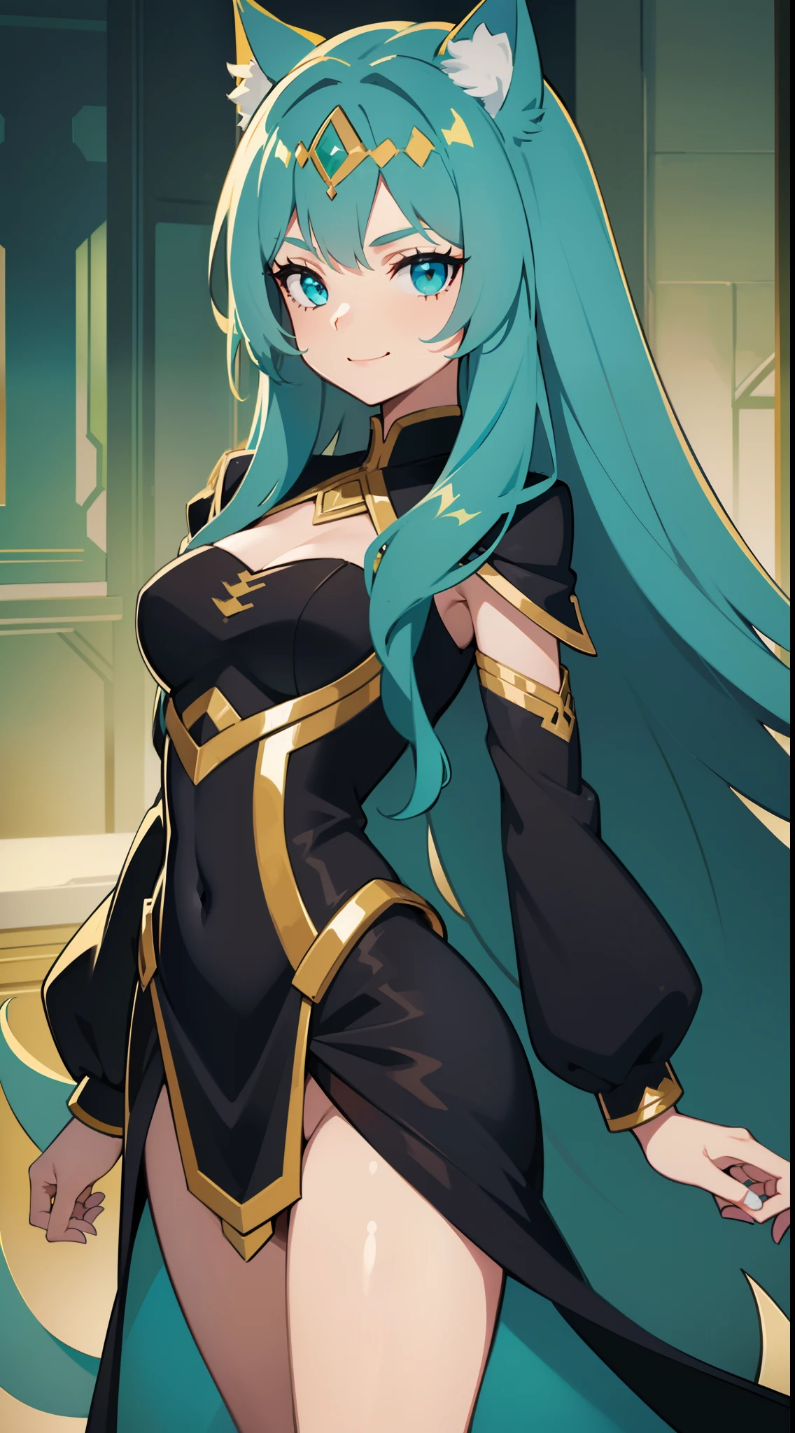 young girl, long turquoise hair, cat ears, turquoise eyes, Smile, black jacket, Green tight dress, diadem, Gold Elements, She-ra, Masterpiece, hiquality, 4k, HD, Good detail
