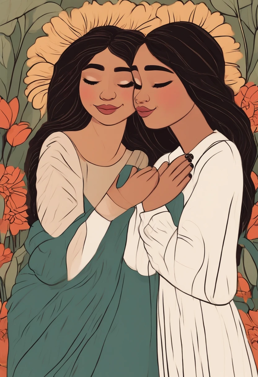 Make a cartoon of three hugging friends, duas meninas e um menino, uma menina morena e outra branca, as duas meninas de cabelo curtos