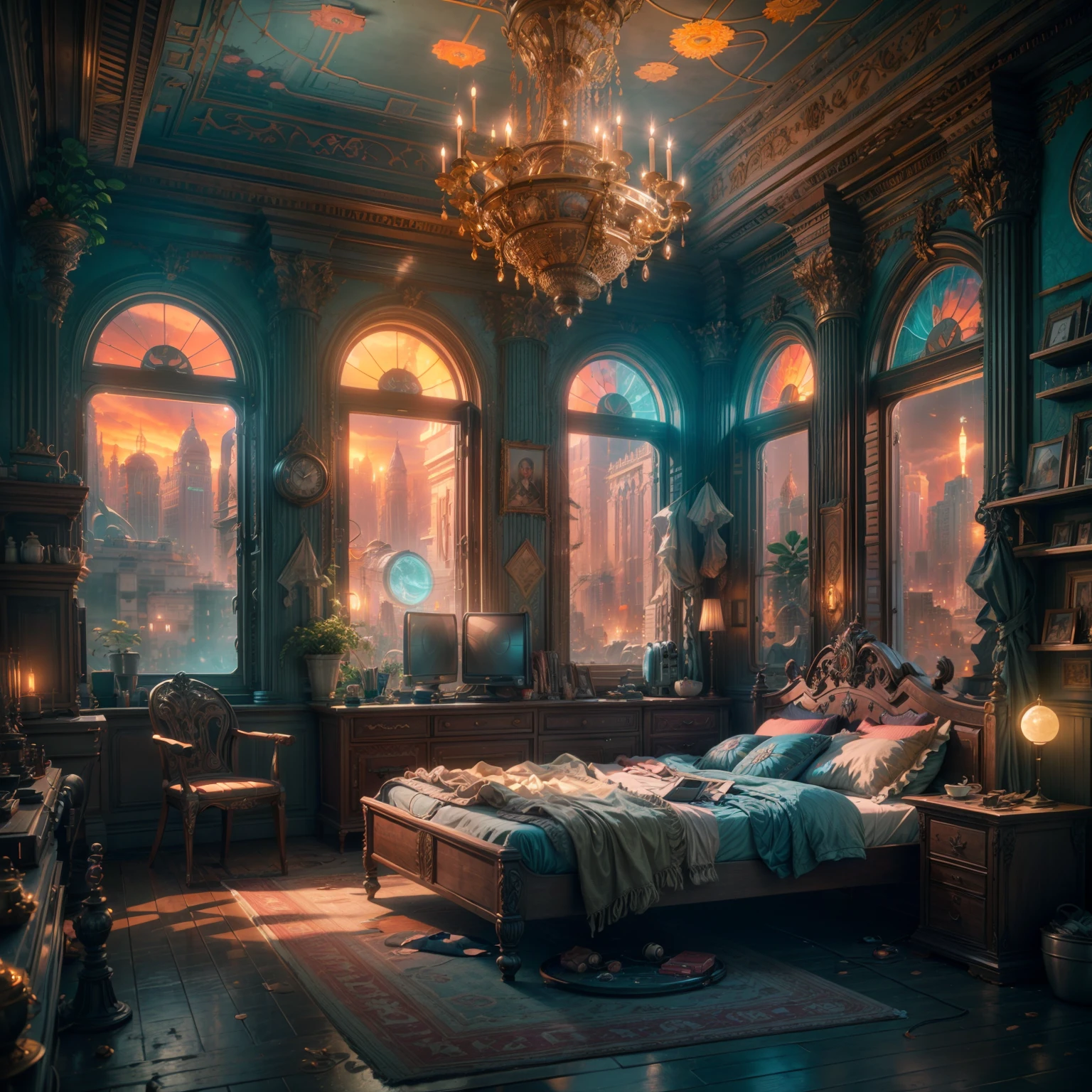 (((Generate an ornate bedroom in the style of Versailles with a big historical window.))) A hyperrealistic cyberpunk dreamscape cityscape is in the window. The cityscape is extremely detailed with many lights and LED neon colors and buildings of many different sizes. The cityscape has all colors of the rainbow and has hires interesting flying steampunk dirigibles. A giant steampunk standalone clock is seen ((through the window)). It is peaceful in the bedroom. The entire artwork is very realistic with many small details and enhancements. 3D render beeple, artstation and beeple highly, in fantasy sci-fi city, inspired by beeple, 8k, unreal engine unity CGI. Masterpiece and popular. Add many fantastical and beautiful details and nuances.