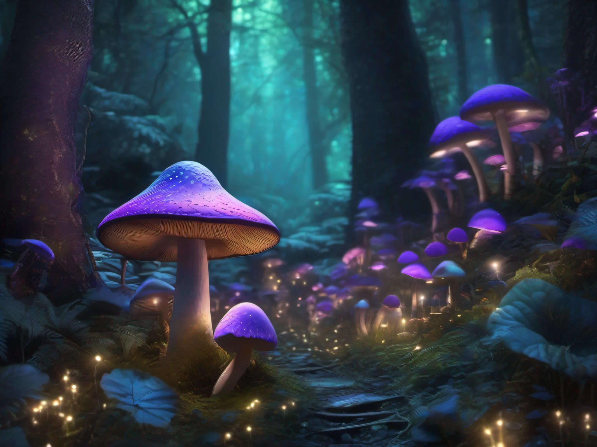 Blue-purple mushrooms，cogumelo trippy，Mushrooms grow in forests，There is a stream leading to them，Dark forest，mystical ambiance，dreamland，starrysky，themoon，Local glare，Mushroom forest, Natural graphics，Mushroom Life Tree, magic mushrooms, mushrooms milky way, forest made of mushrooms, cyber mushroom city, Mushrooms are everywhere, Cogumelos, psychedelic mushrooms dream, underwater mushroom forest, mushroom trees, magic mushrooms, Mushrooms, glowing mushrooms, Mushroom Great Forest. Large mushrooms, 8K，High quality detailed art，tmasterpiece，illustration