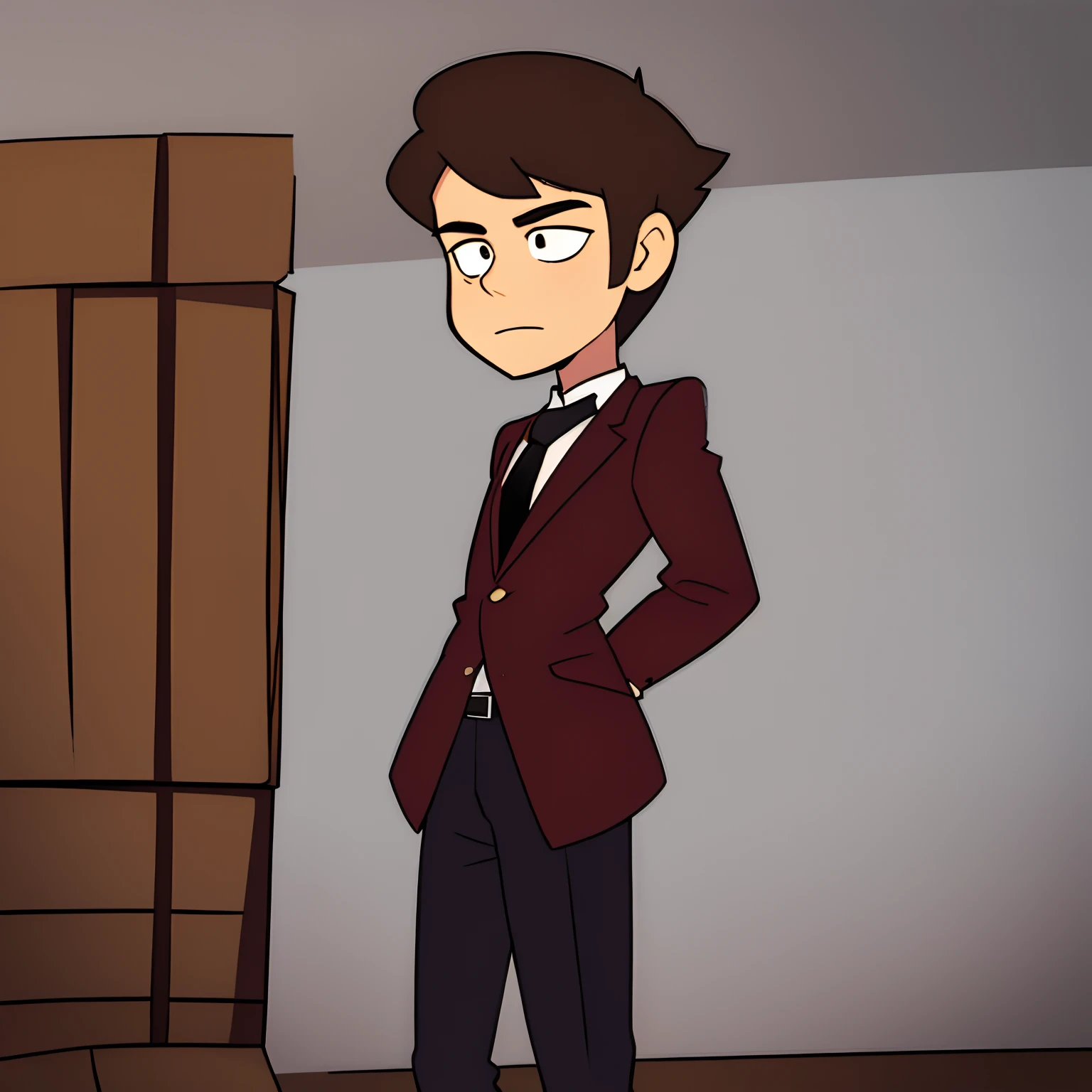 Por favor, Create an image of a young -yeld maearing an elegant social outfit in burgundy color. He's wearing a brown tie to complement the look. His posture is confident and he is in a suitable environment, as an event room or office. Por favor, Pay attention to the details of the clothing, of the face and expression to make the drawing as realistic as possible.