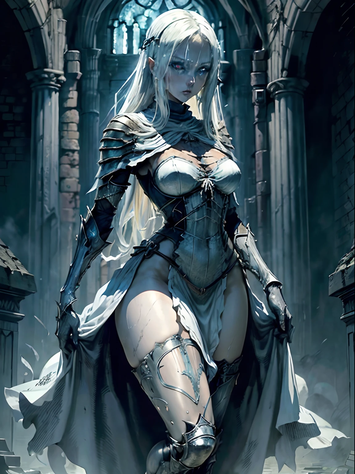 1girl, closeup, Dark souls, slender, blonde, white hair, blue eyes, angelic, pure, wide hips, thighs, small breasts, slenderbuild, white dress, church