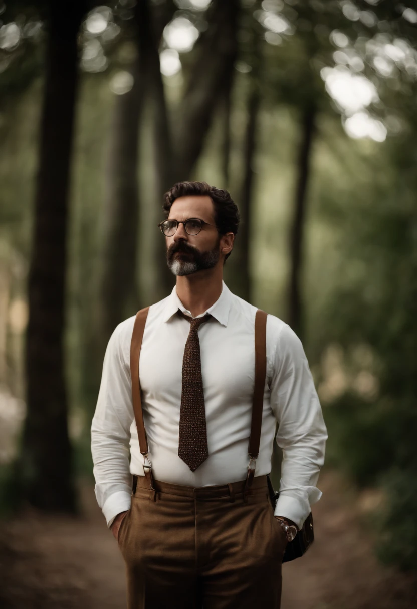 White man with thin physique, com cabelos negros "Lambidos" backward, com uma barba feita e um bigode, usando oculos. wearing a dress shirt with suspenders, also with a pair of pants and shoes. And carrying a briefcase in his hand.