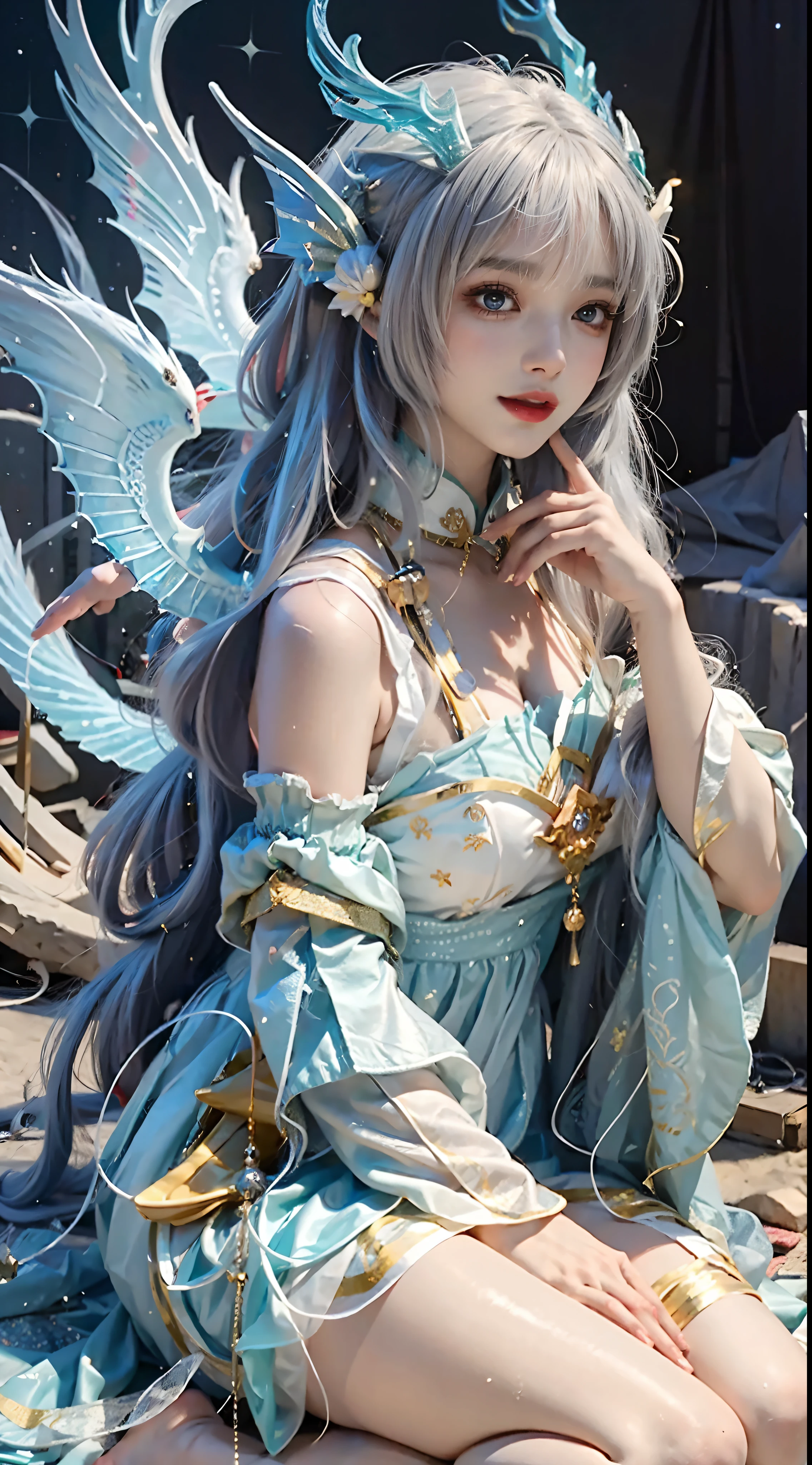 Close-up of women in costumes on stage, full body fairy, beautiful celestial mage, stunning young ethereal characters, beautiful fantasy queen, astral witch costume, sand stream, flowing magic robe, white Hanfu, fairy fantasy, beauty Delfin, ethereal fantasy, elegant and charming cosplay, Hirase Jinyao, sitting on the ground, charming and colorful, very coquettish