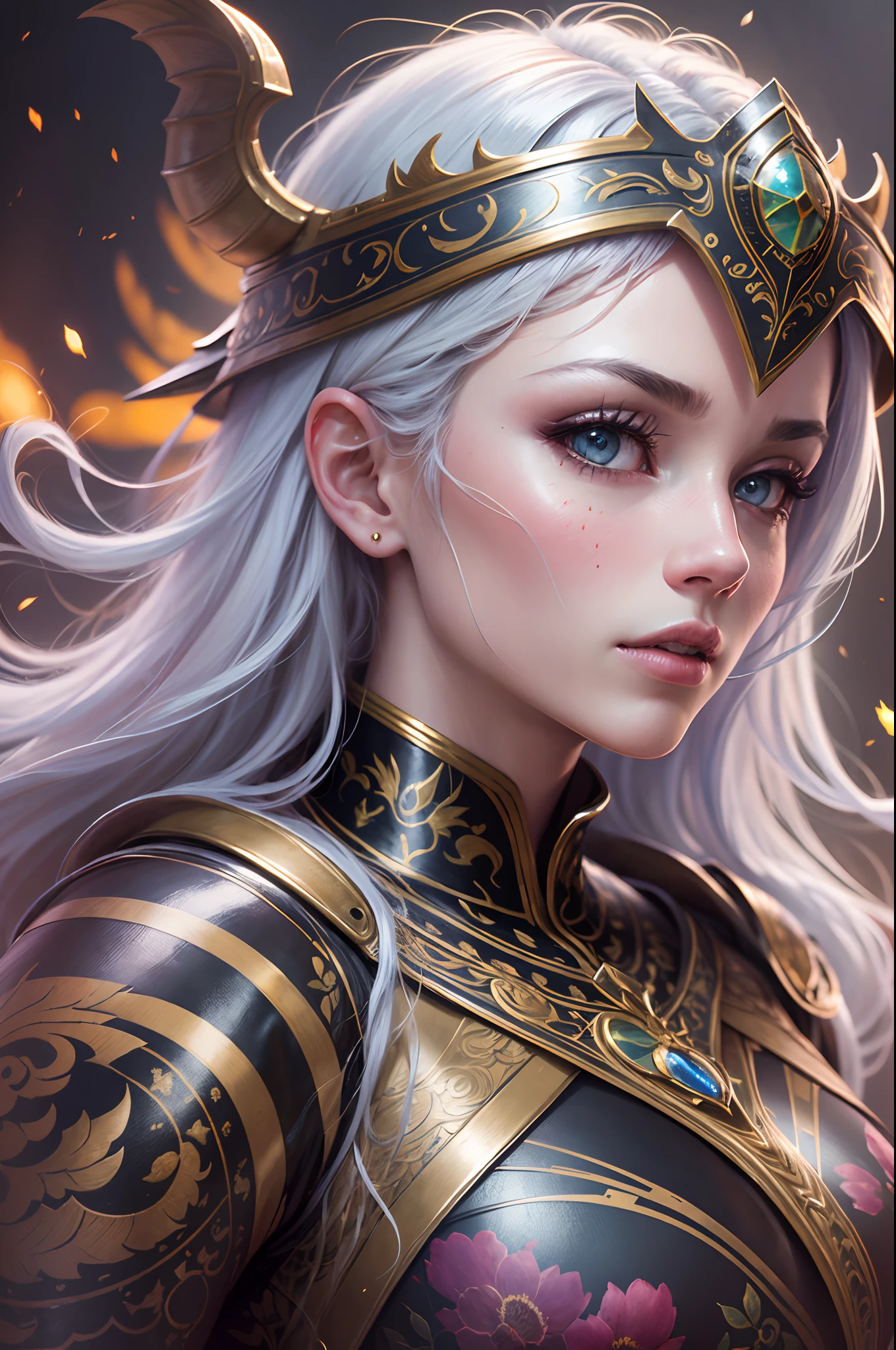 8K UHD,RAW photo,A female general,(Dragon helmet),(A female general dressed in ornate flower-decorated armor),(A high resolution:1.4),(photorealestic:1.7),RAW photo,Portrait Photogram,Realistic nail tablets,RAW photo,超A high resolution,Foto realism,best qualtiy,(skin detailed),Does not leak out of the chest,Visible Pore,The armor is shiny,tmasterpiece,finedetail,Colorization,Extremely Delicately Beautiful,Extremely detailed 8k wallpaper,8K high quality,Digital SLR,Female general with beautiful details,(looking at viewert),Faraway view,full bodyesbian,in a panoramic view,((Flower dragon pattern armor)),Flower armor,loong pattern,extremely detailed CG wallpaper unit 8k, Masterpiece, Best quality, Ultra-detailed), BEST lighting, An extremely delicate and beautiful, affectionate, Shoulder armor decorated with flowers, luminance, Unique faces, , Calm expression, Bright silver moonshine hair, Gorgeous helmet, Gorgeous helmet,Blazing universe, Mythical spirits, ((full bodyesbian):1.5).