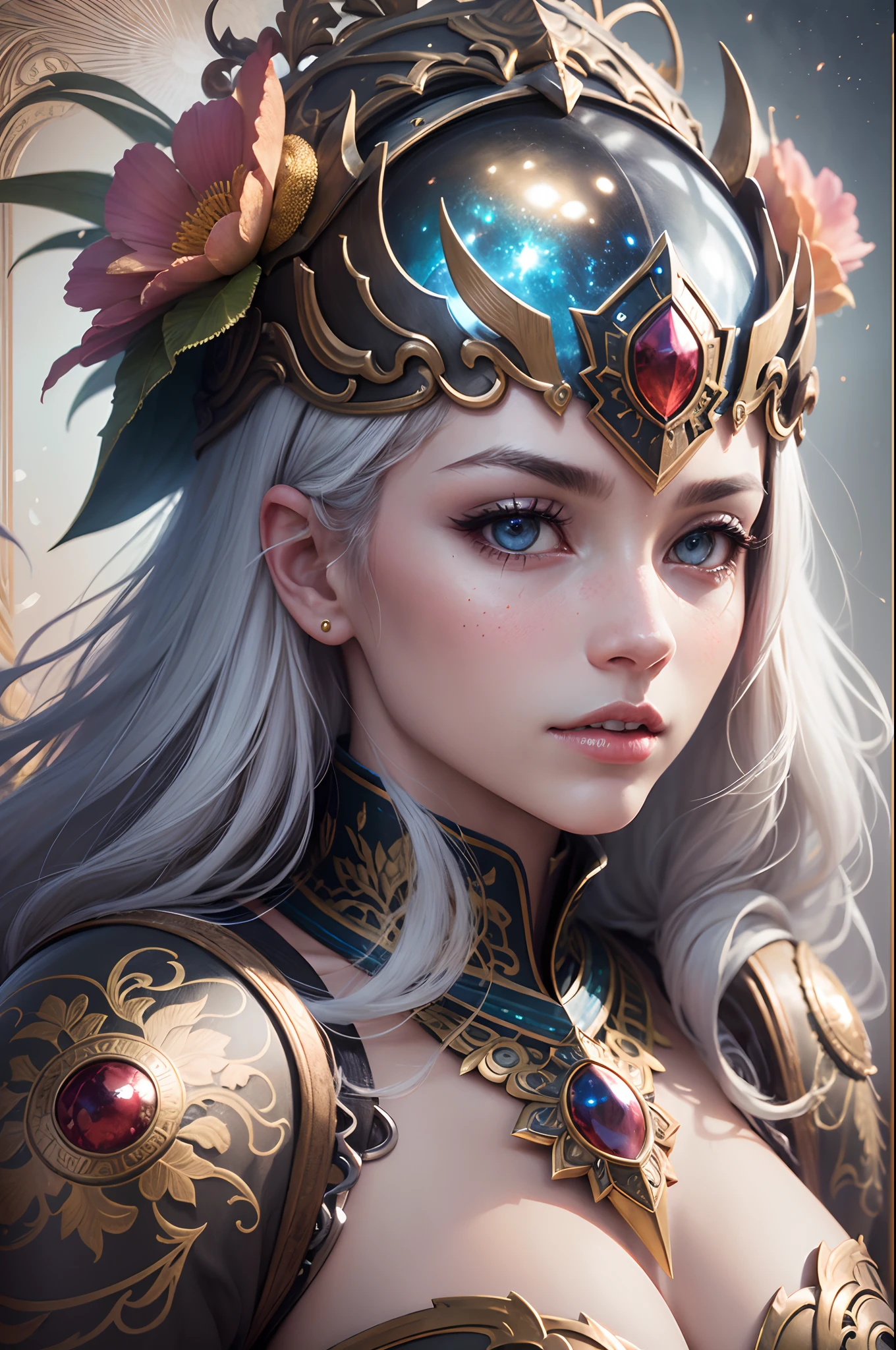 8K  UHD，RAW photo，A female general，（Dragon helmet），（A female general dressed in ornate flower-decorated armor），(A high resolution:1.4)，(photorealestic:1.7)，RAW photo，Portrait Photogram，Realistic nail tablets，RAW photo，超A high resolution，Foto realism，best qualtiy，(skin detailed)，Does not leak out of the chest，Visible Pore，The armor is shiny，tmasterpiece，finedetail，Colorization，Extremely Delicately Beautiful，Extremely detailed 8k wallpaper，8K high quality，Digital SLR，Female general with beautiful details，(looking at viewert)，Faraway view，full bodyesbian，in a panoramic view，（（Flower dragon pattern armor）），Flower armor，loong pattern，extremely detailed CG wallpaper unit 8k, Masterpiece, Best quality, Ultra-detailed), BEST lighting, An extremely delicate and beautiful, affectionate, Shoulder armor decorated with flowers, luminance, Unique faces, , Calm expression, Bright silver moonshine hair, Gorgeous helmet, Gorgeous helmet，Blazing universe, Mythical spirits,  ((full bodyesbian):1.5).