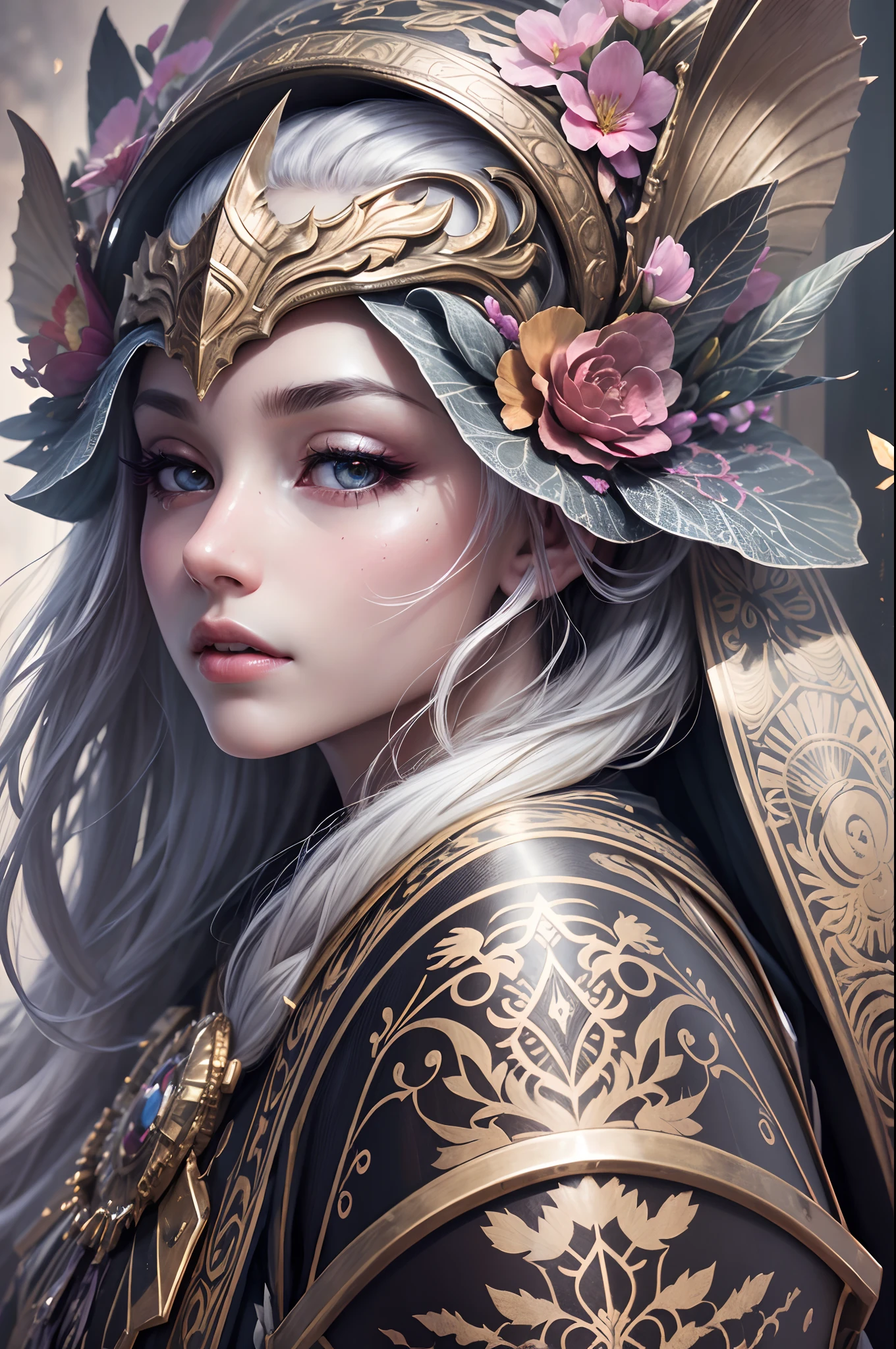 8K  UHD，RAW photo，A female general，（Dragon helmet），（A female general dressed in ornate flower-decorated armor），(A high resolution:1.4)，(photorealestic:1.7)，RAW photo，Portrait Photogram，Realistic nail tablets，RAW photo，超A high resolution，Foto realism，best qualtiy，(skin detailed)，Does not leak out of the chest，Visible Pore，The armor is shiny，tmasterpiece，finedetail，Colorization，Extremely Delicately Beautiful，Extremely detailed 8k wallpaper，8K high quality，Digital SLR，Female general with beautiful details，(looking at viewert)，Faraway view，full bodyesbian，in a panoramic view，（（Flower dragon pattern armor）），Flower armor，loong pattern，extremely detailed CG wallpaper unit 8k, Masterpiece, Best quality, Ultra-detailed), BEST lighting, An extremely delicate and beautiful, affectionate, Shoulder armor decorated with flowers, luminance, Unique faces, , Calm expression, Bright silver moonshine hair, Gorgeous helmet, Gorgeous helmet，Blazing universe, Mythical spirits,  ((full bodyesbian):1.5).