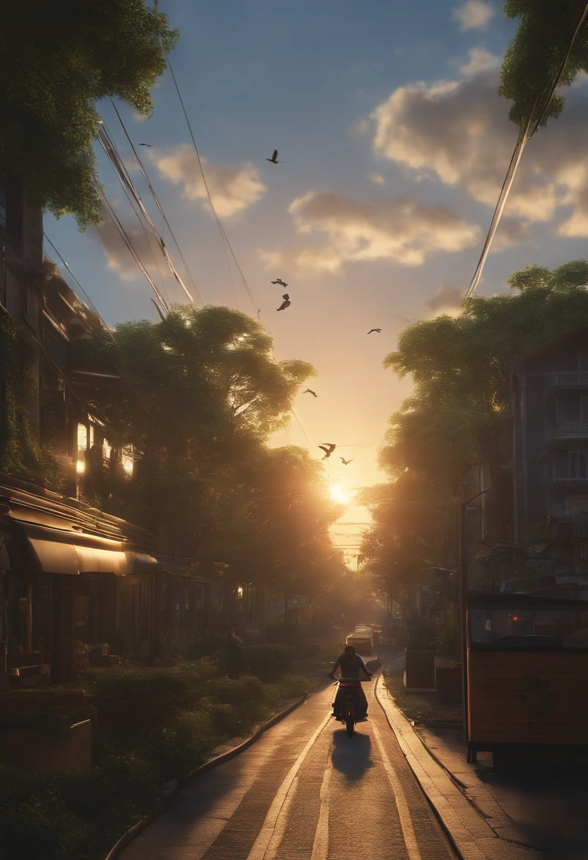 (。.3D:0.5,Realistic:0.5,Photorealistic:0.5),(absurderes,Hyper-Resolution,Masterpiece,Best quality,finely detailed,absurderes:1.2), Dramaticlight, dramatic lighting, Cinematic, Anime landscapes, Makoto Shinkai, Guibli, Fantasy world, magical, Beautiful sky, Clouds, Building, bikes, Aircraft trajectory, Birds, Dramatic lighting, Cinematic lighting, Sunset, Warm sunset, Warm sun, street, Depth of field, Lens flare,