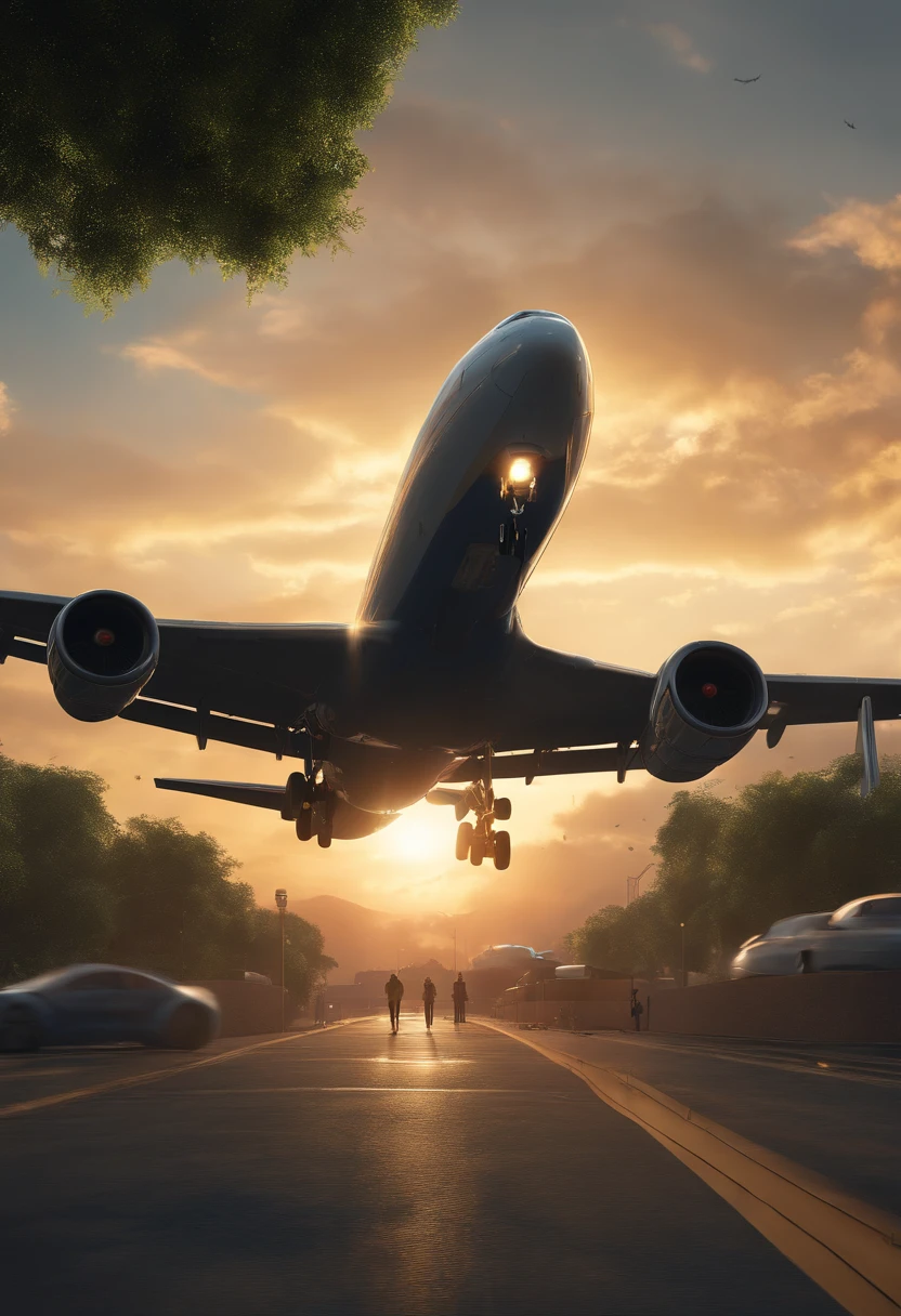 (。.3D:0.5,Realistic:0.5,Photorealistic:0.5),(absurderes,Hyper-Resolution,Masterpiece,Best quality,finely detailed,absurderes:1.2), Dramaticlight, dramatic lighting, Cinematic, Anime landscapes, Makoto Shinkai, Guibli, Fantasy world, magical, Beautiful sky, Clouds, Building, bikes, Aircraft trajectory, Birds, Dramatic lighting, Cinematic lighting, Sunset, Warm sunset, Warm sun, street, Depth of field, Lens flare,