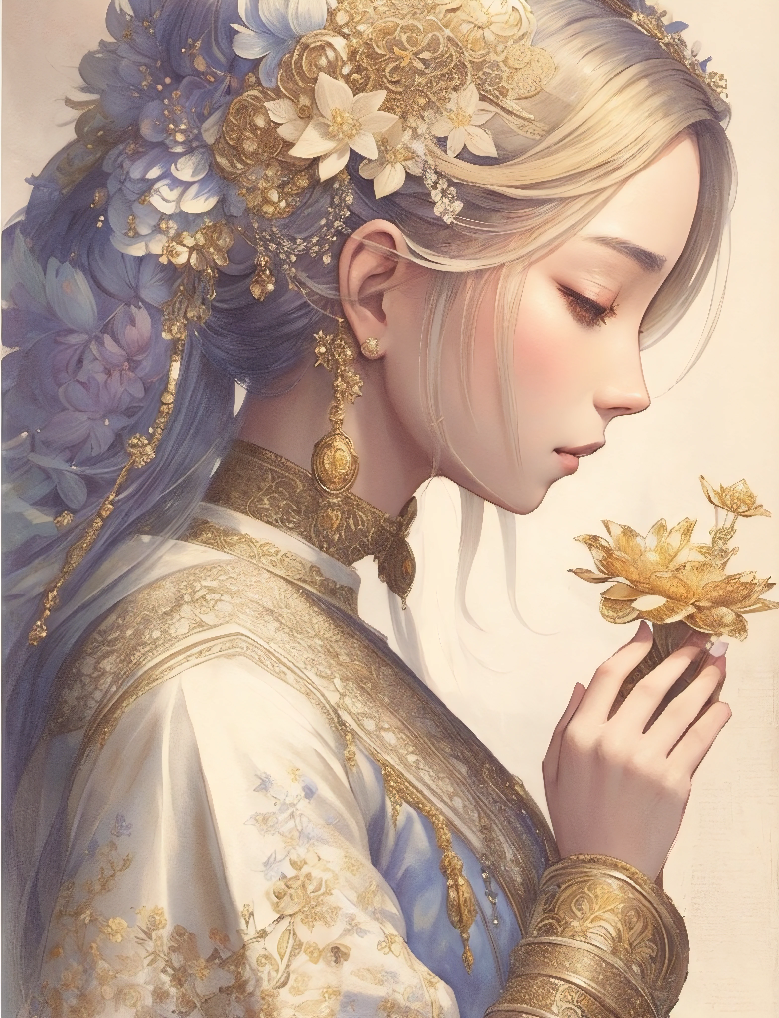 Drawing of a woman with flowers in her hair, gilded lotus princess, artwork in the style of guweiz, palatial palace ， a girl in hanfu, guweiz, a beautiful artwork illustration, ((a beautiful fantasy empress)), a beautiful fantasy empress, Exquisite digital illustration