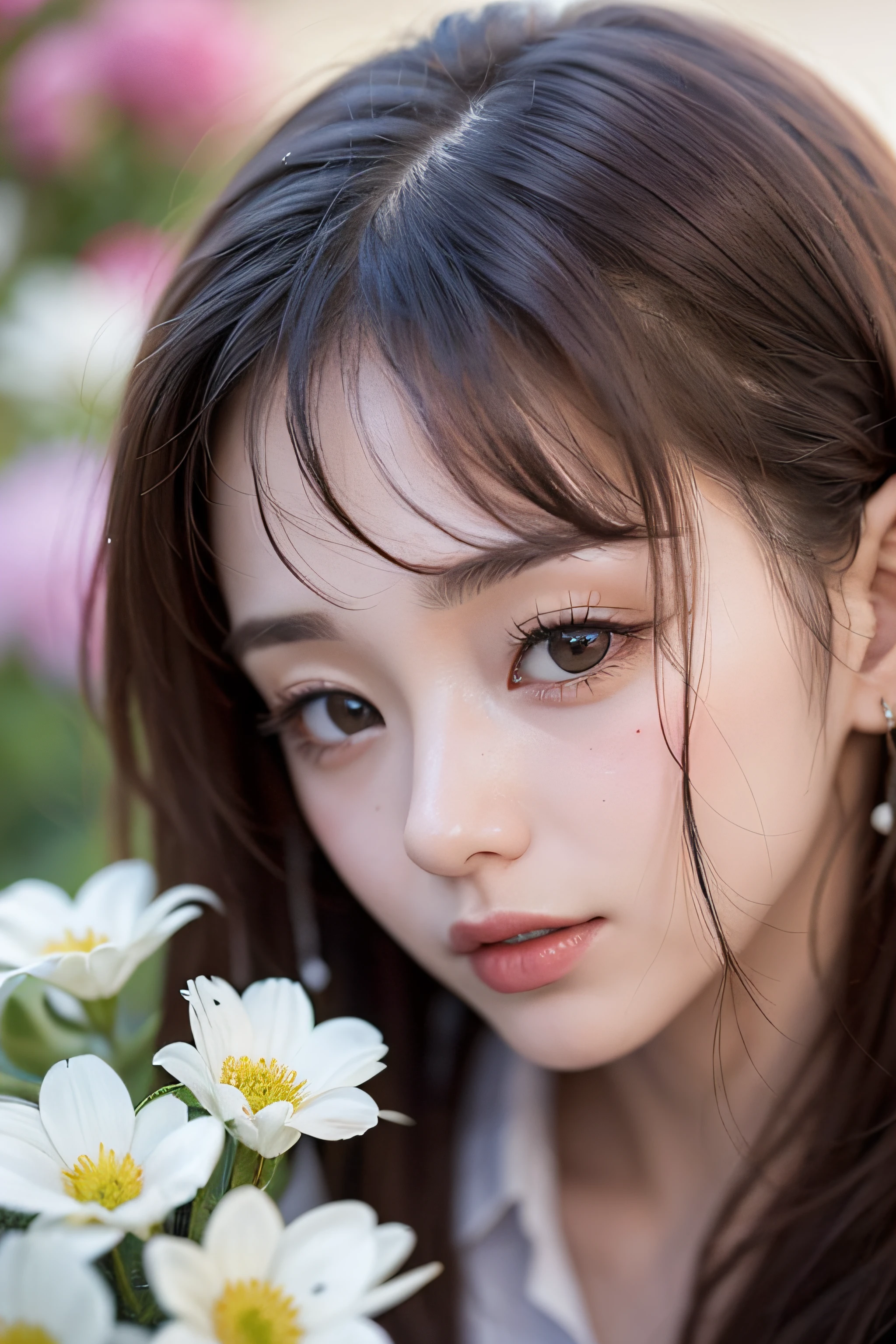 1womanl、Early 20s、(beauitful face:1.5)、Showers、Shending flowers、From the overflowing tearbuds、Start smelling one by one、Distant spring、Listen to your familiar voice that gave me love