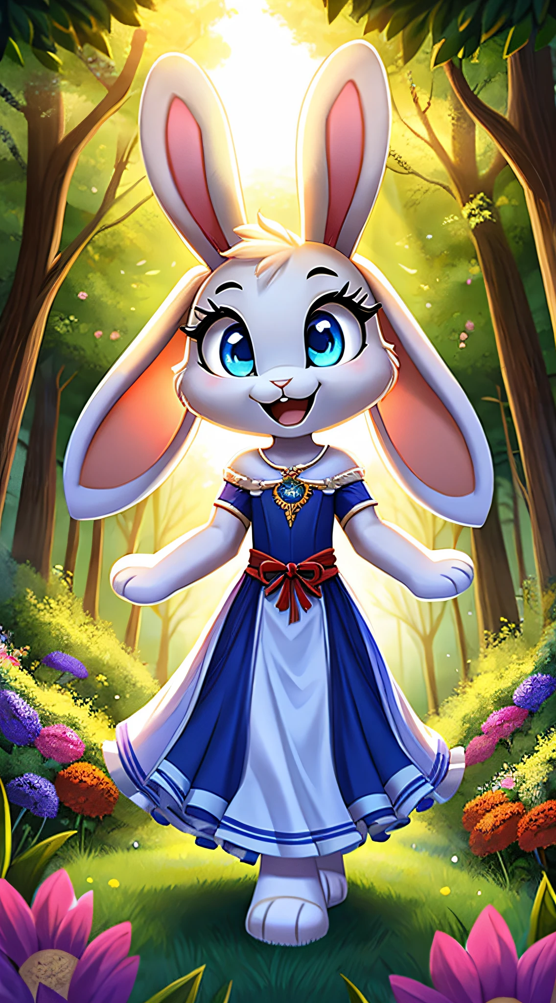 zoomed out image, fantasy style art, cute, adorable, beautiful and skinny age fluffy female white bunny with blue eyes, 4 ears, 2 extra ears, big floppy ears, long ears, ears perked up, raised ears, long eyelashes, poofy rabbit tail, wearing a long red frilly ribbon dress, smiling, standing in a forest, big expressive smile, open mouth, wide eyes, excited eyes, excited face, stunning visuals, sunlight coming through the trees, flowers scattered in the bushes, digital illustration