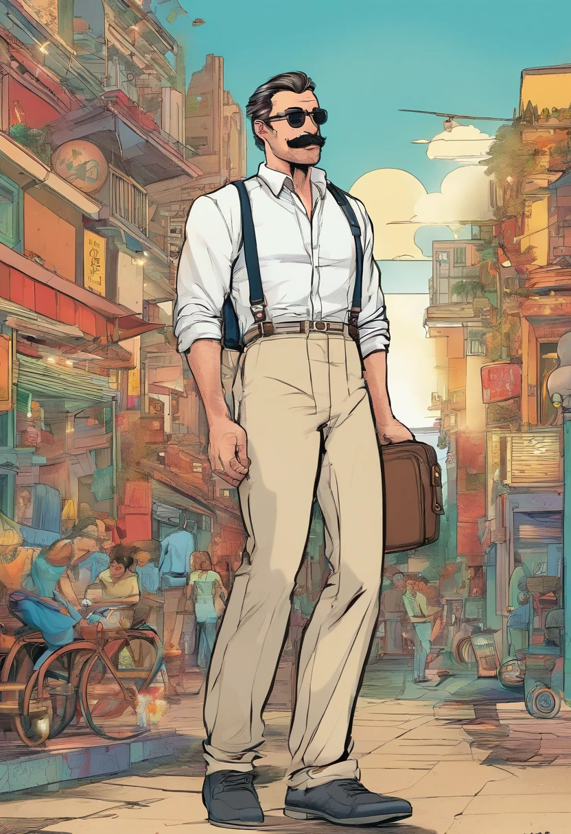 White man with thin physique, com cabelos negros "Lambidos" backward, com uma barba feita e um bigode, usando oculos. wearing a dress shirt with suspenders, also with a pair of pants and shoes. And carrying a briefcase in his hand.