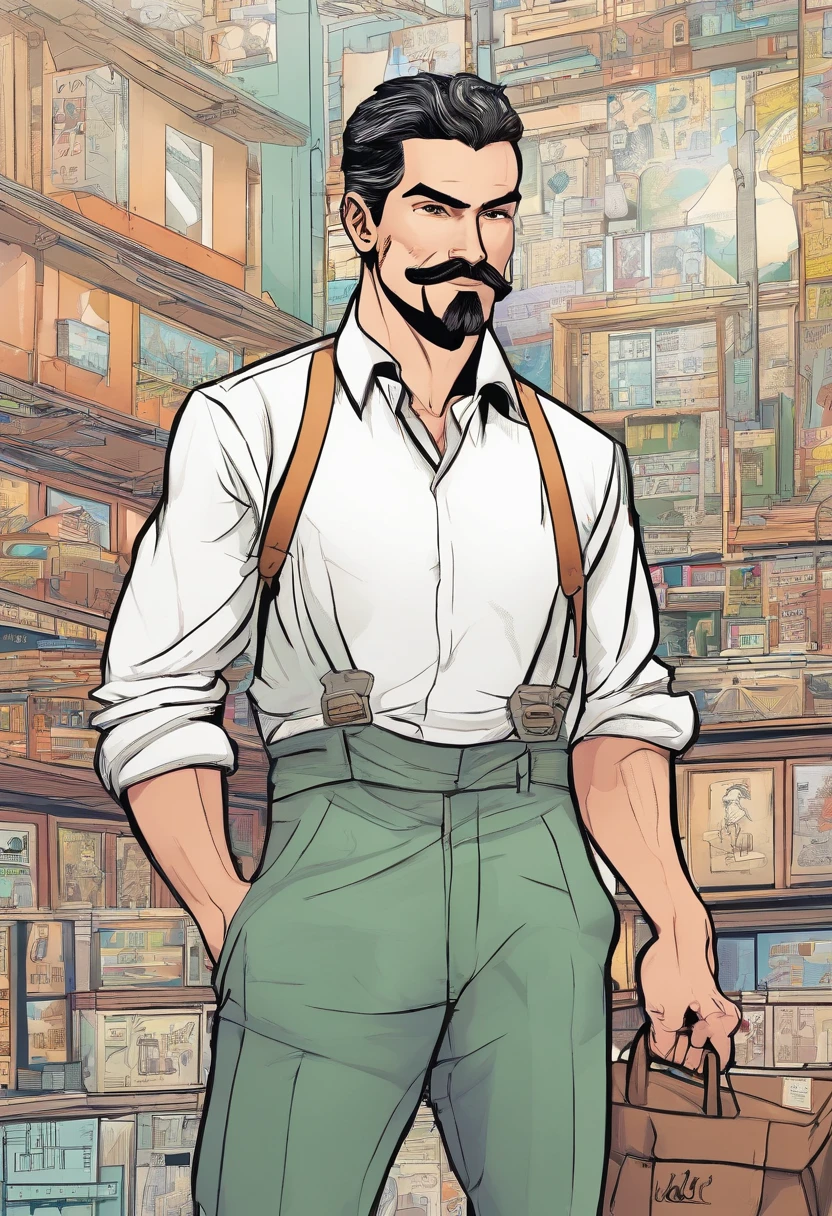 White man with thin physique, com cabelos negros "Lambidos" backward, com uma barba feita e um bigode, usando oculos. wearing a dress shirt with suspenders, also with a pair of pants and shoes. And carrying a briefcase in his hand.