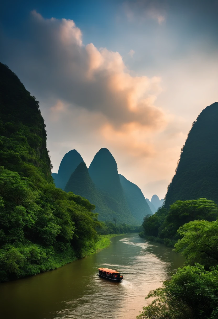 (tmasterpiece，Authentic photography，Realistic photography，Concise composition：1.5），Li River scenery