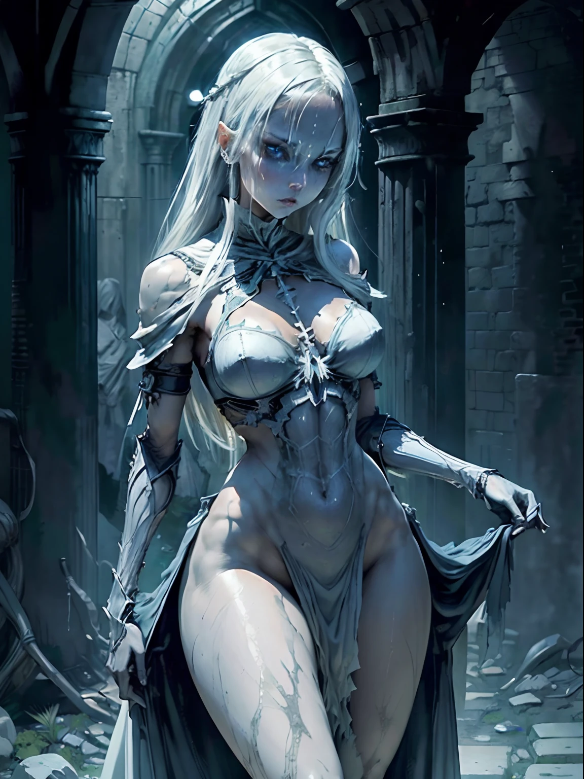 1girl, closeup, Dark souls, slender, blonde, white hair, blue eyes, angelic, pure, abs, wide hips, thighs, small breasts, slenderbuild, white dress, church