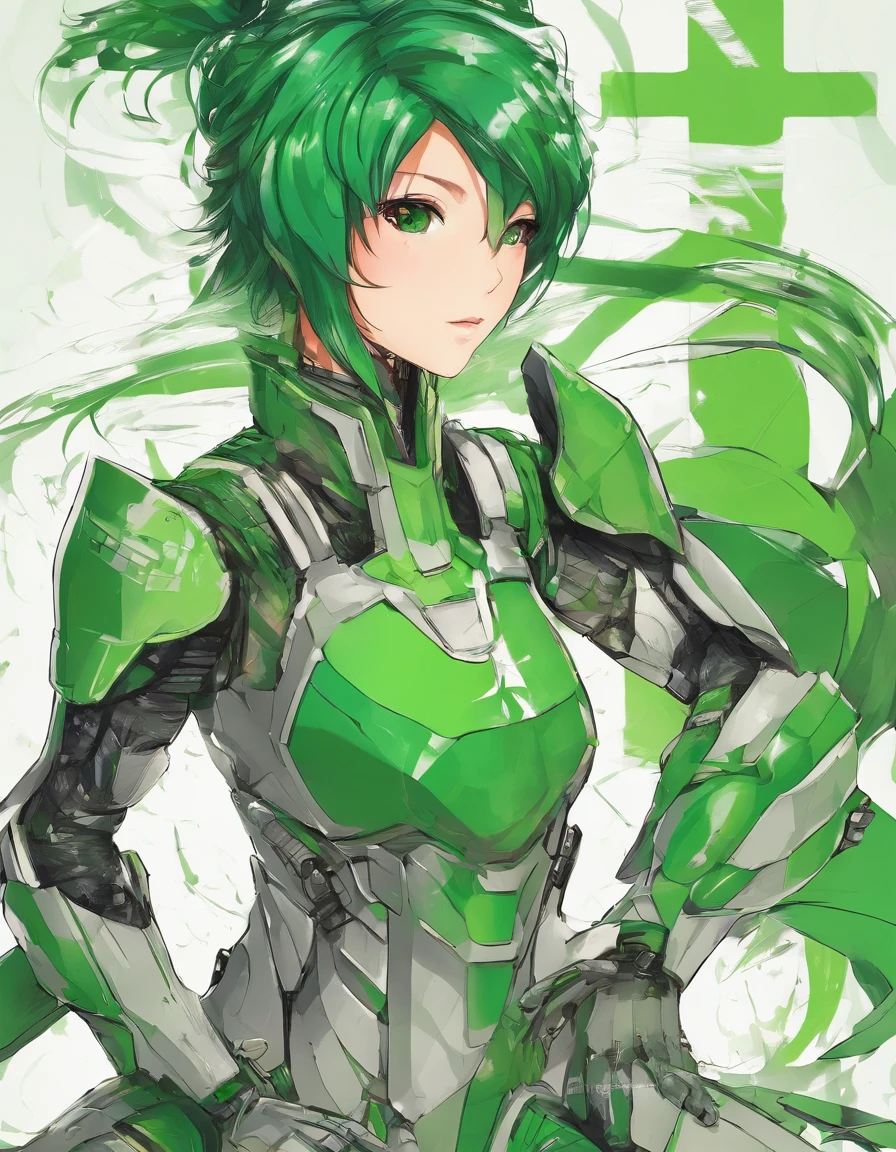 mulher de armadura, cabelo verde claro, corpo inteiro