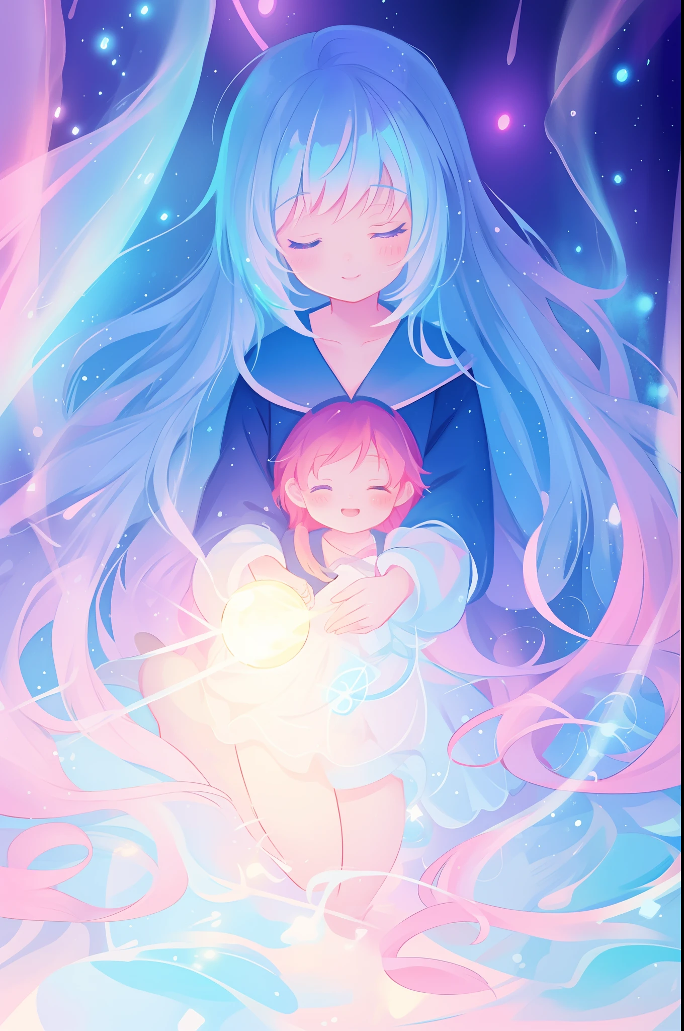 beautiful anime girl, inspired by Glen Keane, inspired by Lois van Baarle, (disney art style), by Lois van Baarle, glowing aura around her, by Glen Keane, jen bartel, glowing lights! digital painting, flowing glowing hair, glowing flowing hair, beautiful digital illustration, magical, whimsical, fantasia background, liquid ballgown, liquid hair, colorful