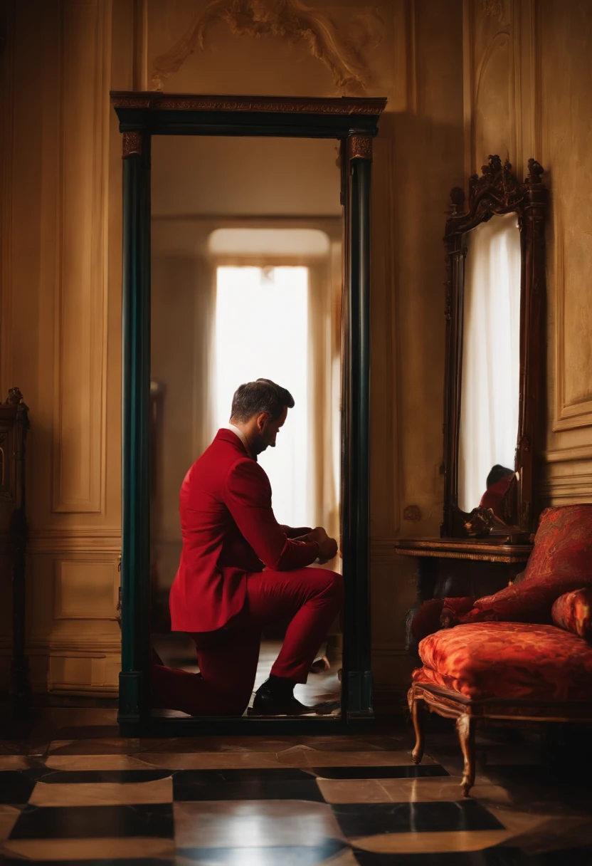 Man kneeling in front of a mirror