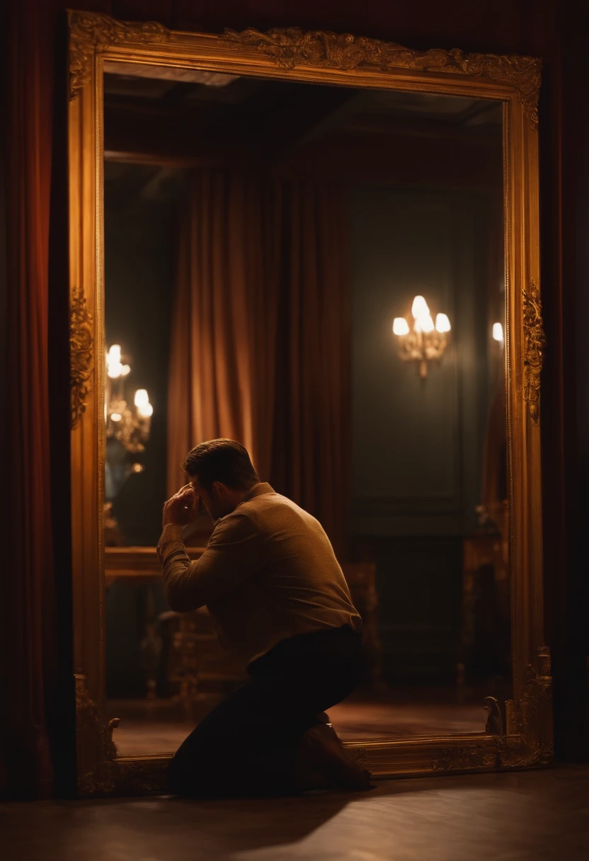 Man kneeling in front of a mirror