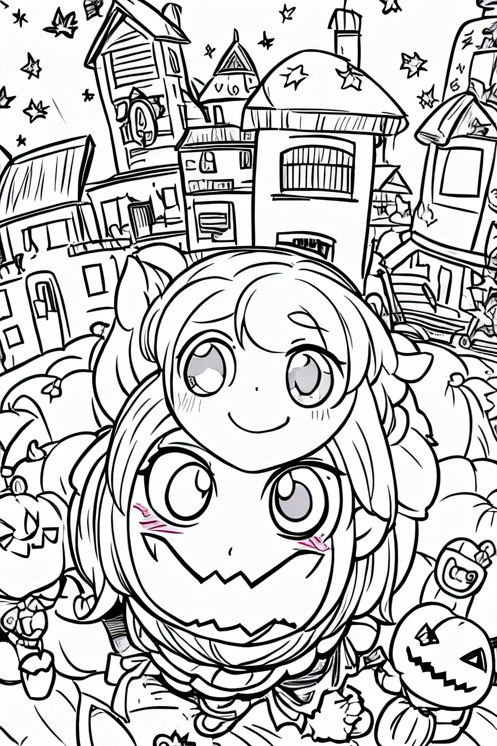 high-level image quality、4K、Precision painting,Cute little devil girl enjoying Halloween festivities",Excited laughter, huge smile, Playful costumes, Colorful face paint, Sparkling eyes,Decorated pumpkin,patches, Spooky haunted house, Bright autumn leaves, Flickering Jack-o'-Lantern , Energetic and festive atmosphere, Anticipation and thrills, Wonder and imagination, linear art,Creative Angle Shots
