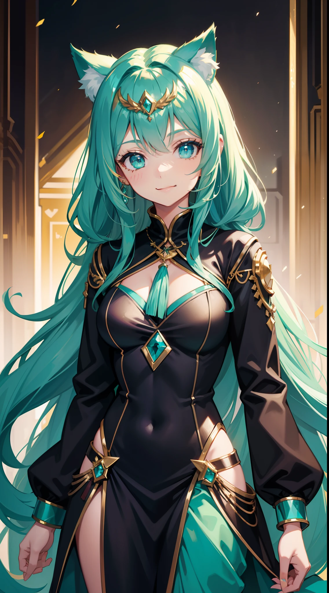 young girl, long turquoise hair, cat ears, turquoise eyes, Smile, black jacket, Green tight dress, diadem, Gold Elements, She-ra, Masterpiece, hiquality, 4k, HD, Good detail
