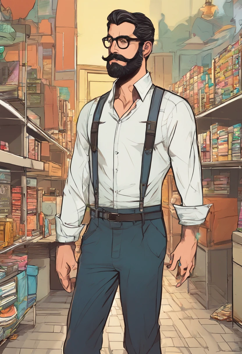 White man with thin physique, com cabelos negros "Lambidos" backward, com uma barba feita e um bigode, usando oculos de grau. wearing a dress shirt with suspenders, also with a pair of pants and shoes. And carrying a briefcase in his hand.