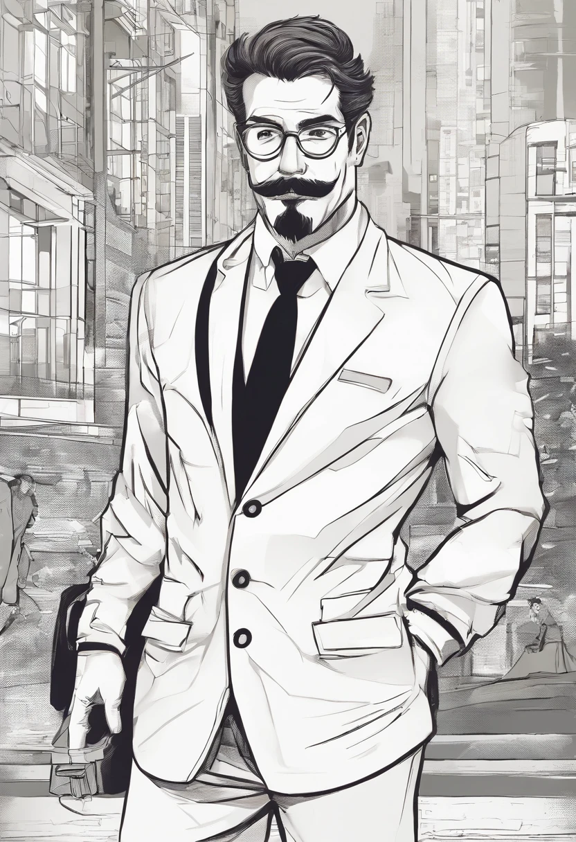 White man with thin physique, com cabelos negros "Lambidos" backward, com uma barba feita e um bigode, usando oculos de grau. wearing a dress shirt with suspenders, also with a pair of pants and shoes. And carrying a briefcase in his hand.