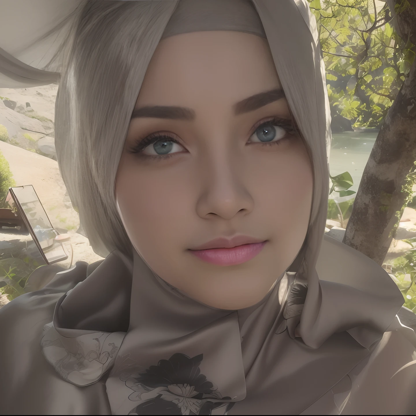 Masterpiece, Best Quality, 3D Rip Artwork, 3DMM Style, Close-up, Portrait, Realism, a woman beautifully makeup, eyeshadow, Parted Lips, Challenge Eye, beautiful big eyes, long eye lashes, wearing ((gray satin headscarf)), loosely tide hijab style, (( satin shirt)), ((batik satin long maxi skirt)), strolling on a trail in the spring, garden, river