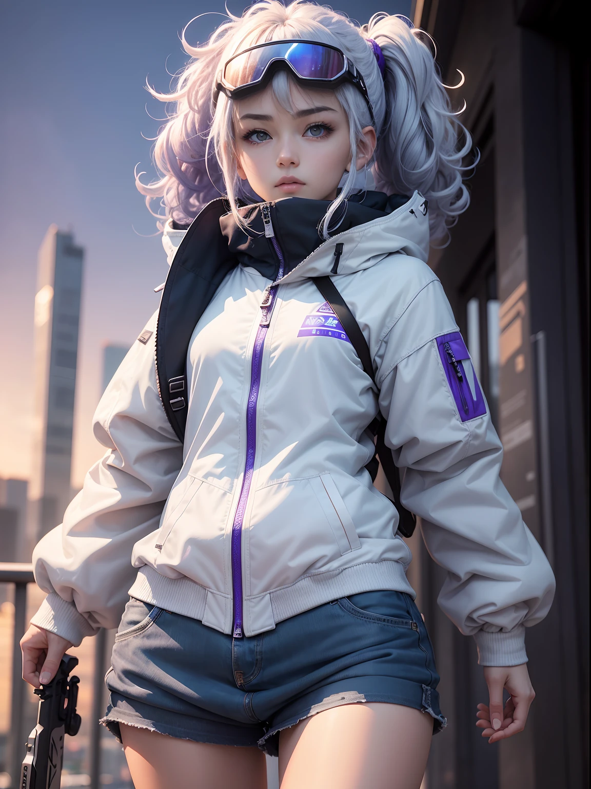 Masterpiece, Best picture quality, Extremely vivid, Anime girl with a curly ponytail, Petite figure, White functional coat, small, Blue-purple gradient ski goggles, Cyberpunk, Gray hair, Natural casual style, Dynamic stance, Golden section, Large aperture portrait, Cool tones, Strong visual impact, White space, Light and shadow contrast, Super texture, Sunset afterglow, Super clear picture, simple picture