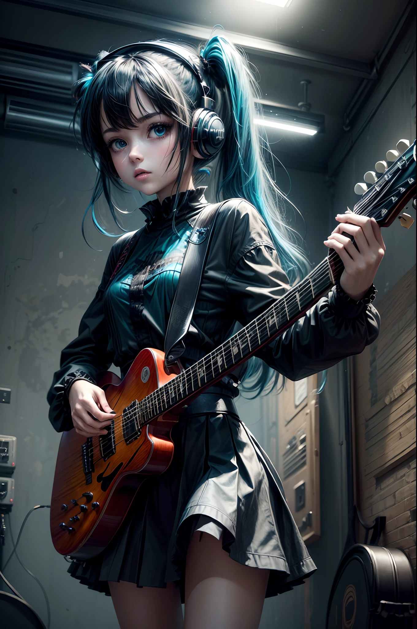 ((masterpiece, best quality))1girl, solo, black dress, blue eyes, electric guitar, guitar, headphones, double ponytail, holding, holding plectrum, instrument, long hair, music, one side up, teal hair, twin tails, playing guiter, pleated skirt, black shirt, interior
