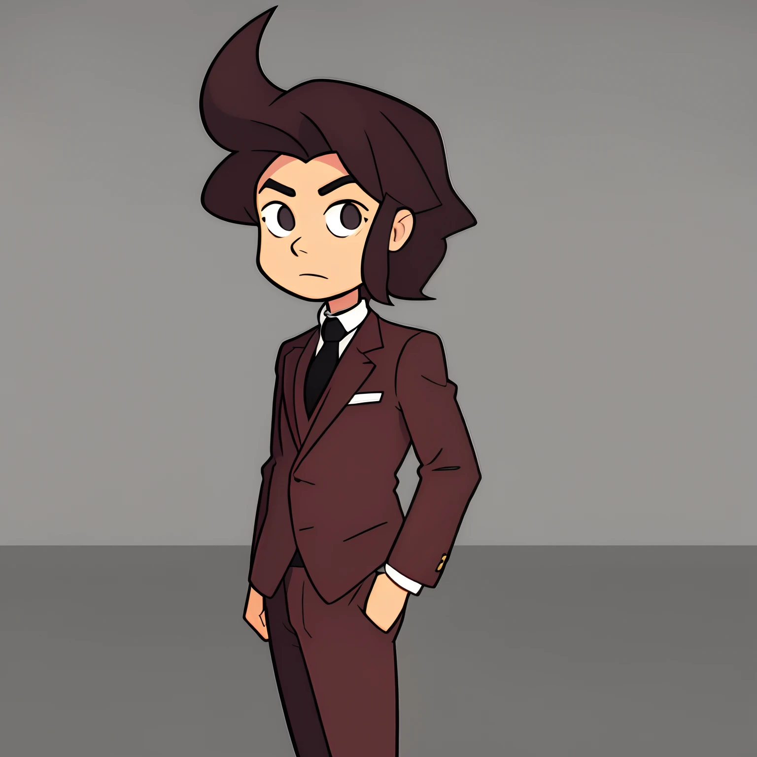 Por favor, Create an image of a 17-year-old wearing an elegant social outfit in burgundy color. He's wearing a brown tie to complement the look. His posture is confident and he is in a suitable environment, as an event room or office. Por favor, Pay attention to the details of the clothing, of the face and expression to make the drawing as realistic as possible.