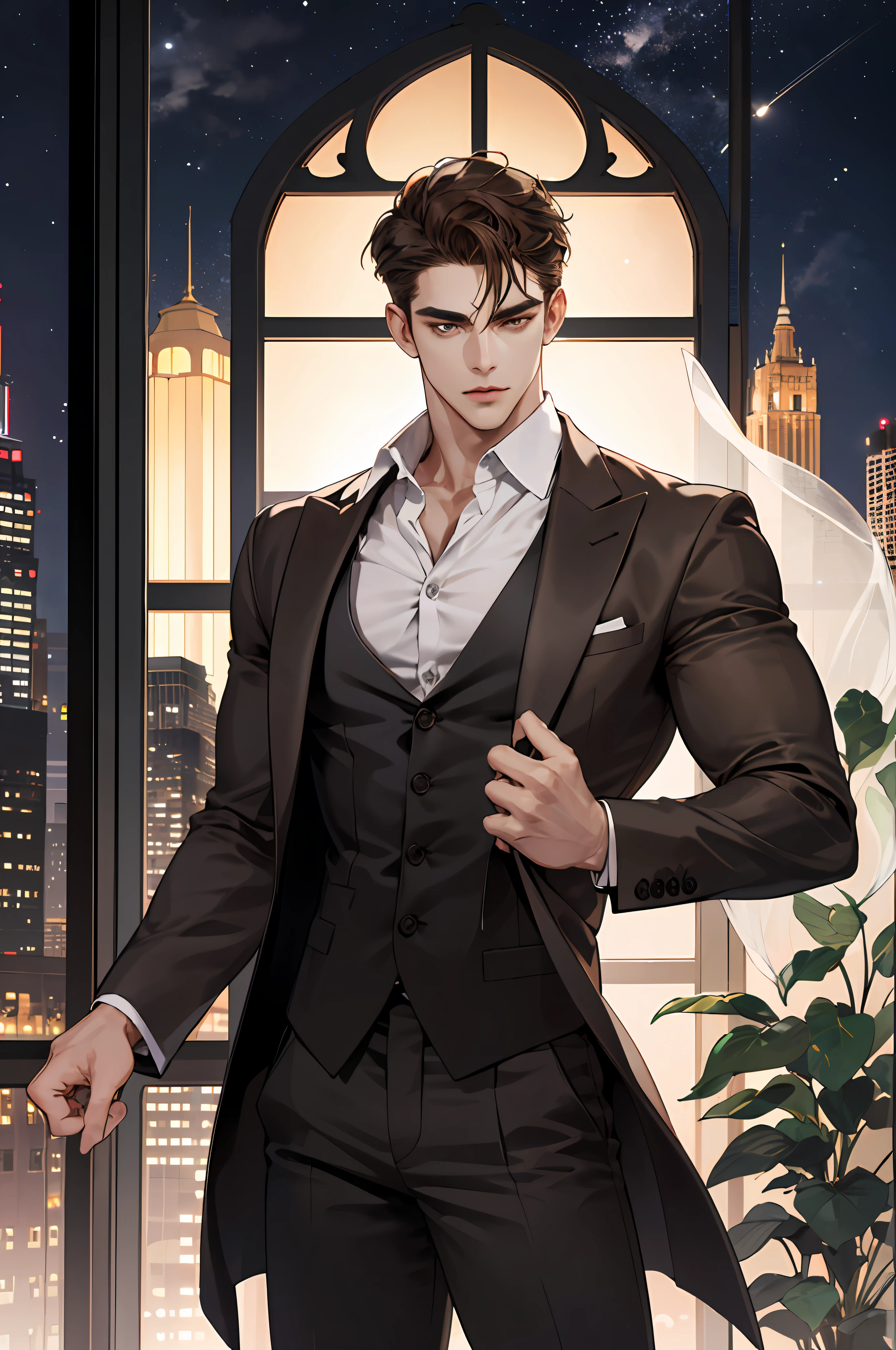(modern day, k hd, ultra - detailed), (1male people, solo person, AS-Adult, mature:1.4, Idade:1.4, 年轻, Tall muscular man, Handsome), Very short hair, brunette color hair, Hair oil, with brown eye,(Pointed chin:1.4,Thick neck:1.4,),the night,Dark,Look at the night view of the city through the large window,brown suit,tiese,full bodyesbian,luxury goods,luxury goods,