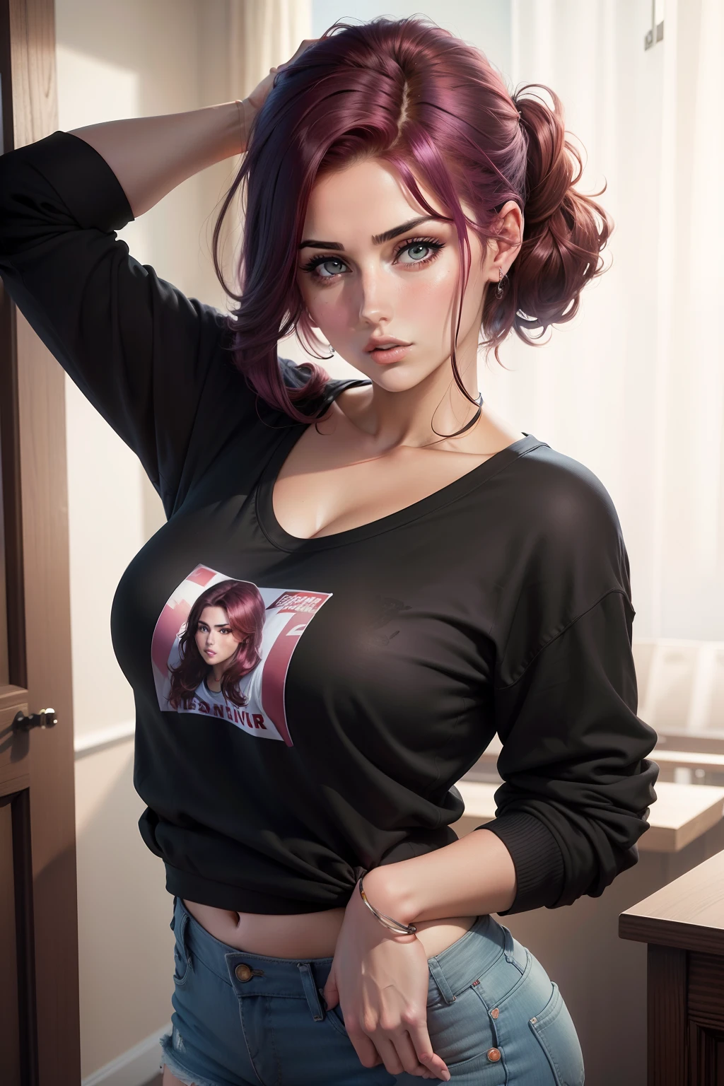 Lucy Pinder, portrait, maroon hair, face portrait, chubby woman, hair tied with a clip, short hair, blue t-shirt, cleavage, ((black sweatshirt over the t-shirt)), jeans.